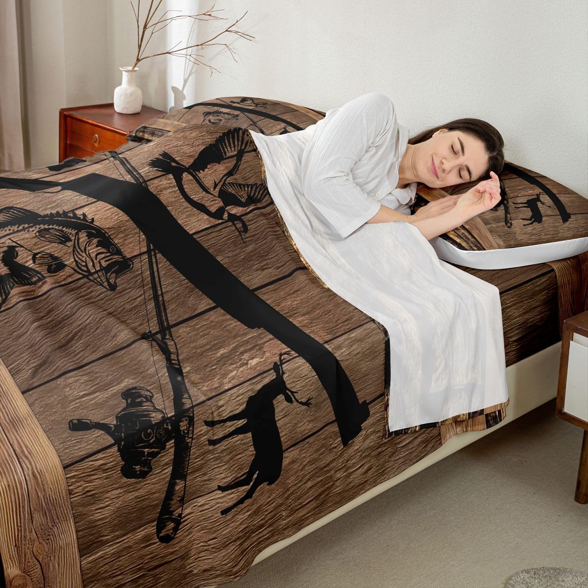 Homewish Wędka myśliwska zestaw pościeli podwójna ryba kaczka jeleń niedźwiedź rustykalne prześcieradła jezioro kabina zestaw prześcieradeł - Vintage Camo Country dopasowane górne prześcieradła 4