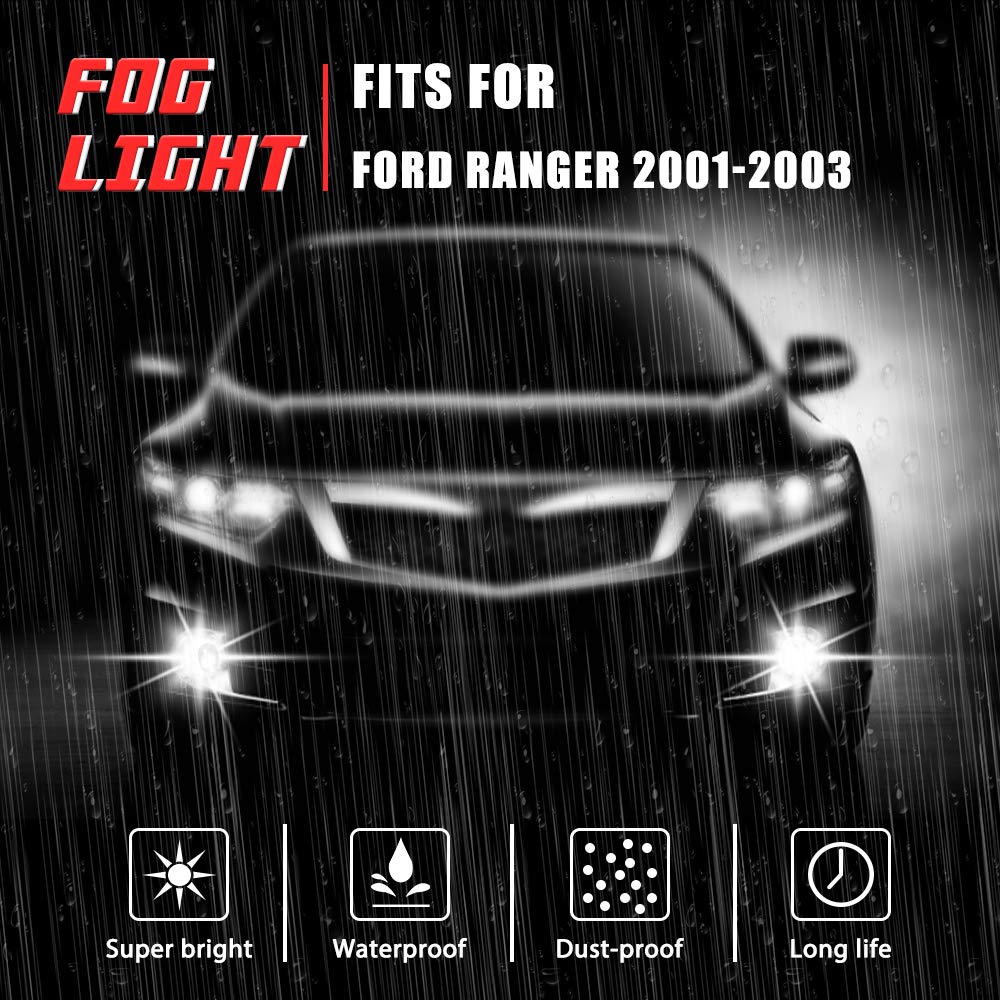 Driving Fog Lights Lamps Replacement for Ford Ranger 2001 2002 2003 with H10 12V 42W Halogen Bulbs & Wiring Harness Kit (Clear Lens)