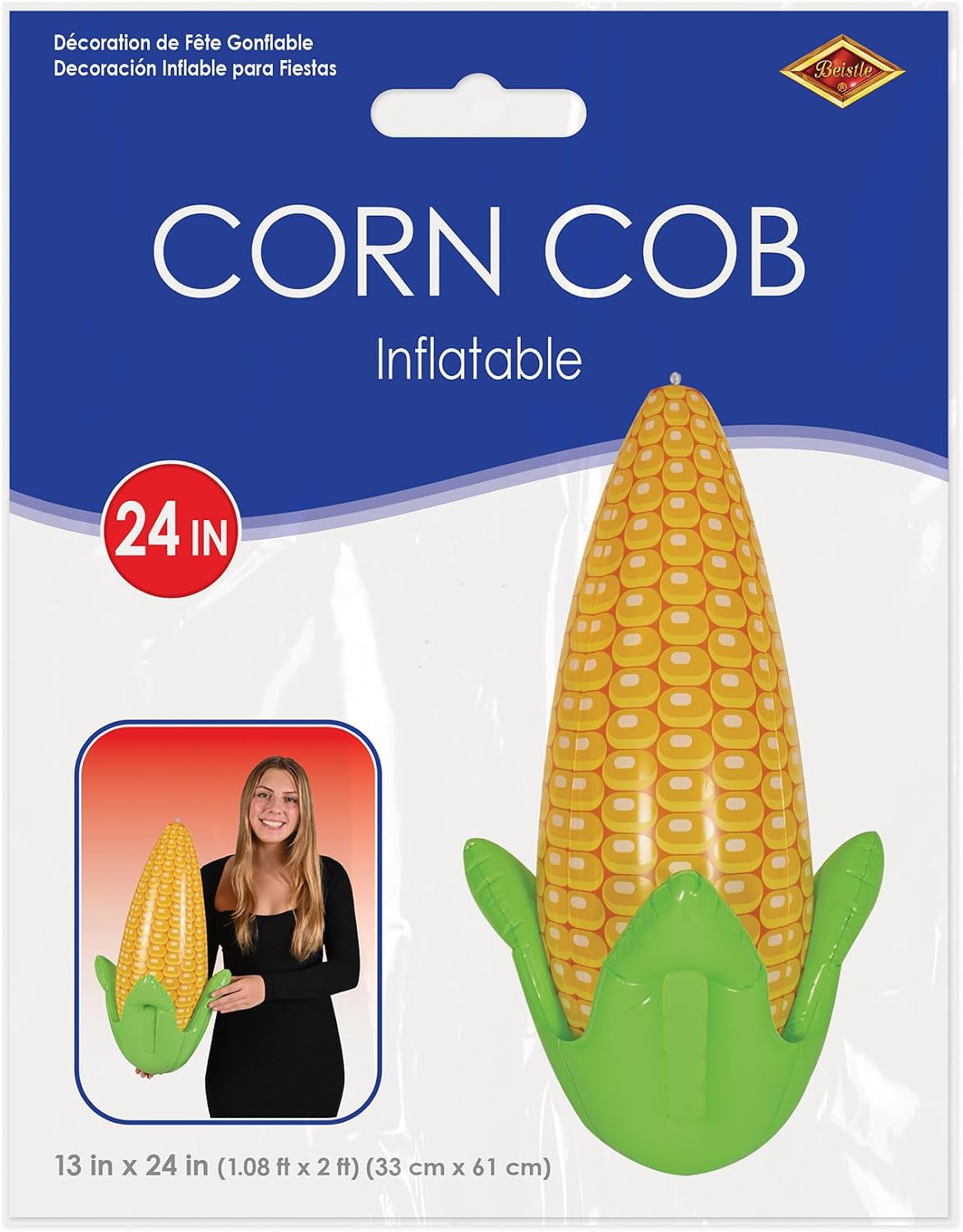 Beistle 24" x 13" Plastic Inflatable Corn Cob for Farm Theme Decorations, Autumn Harvest Fall Party Décor and Supplies