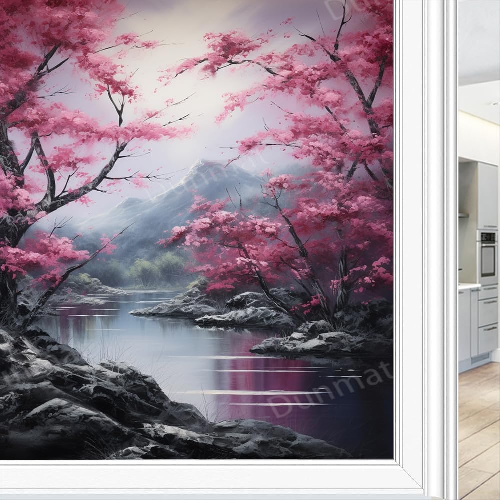 Modern Mountain View Window Privacy Film Watercolor Flower River Chinese Style Stained Glass Window Film Sun Blocking Heat Control Decorative Window Covering Film for Home 45 x 60 cm