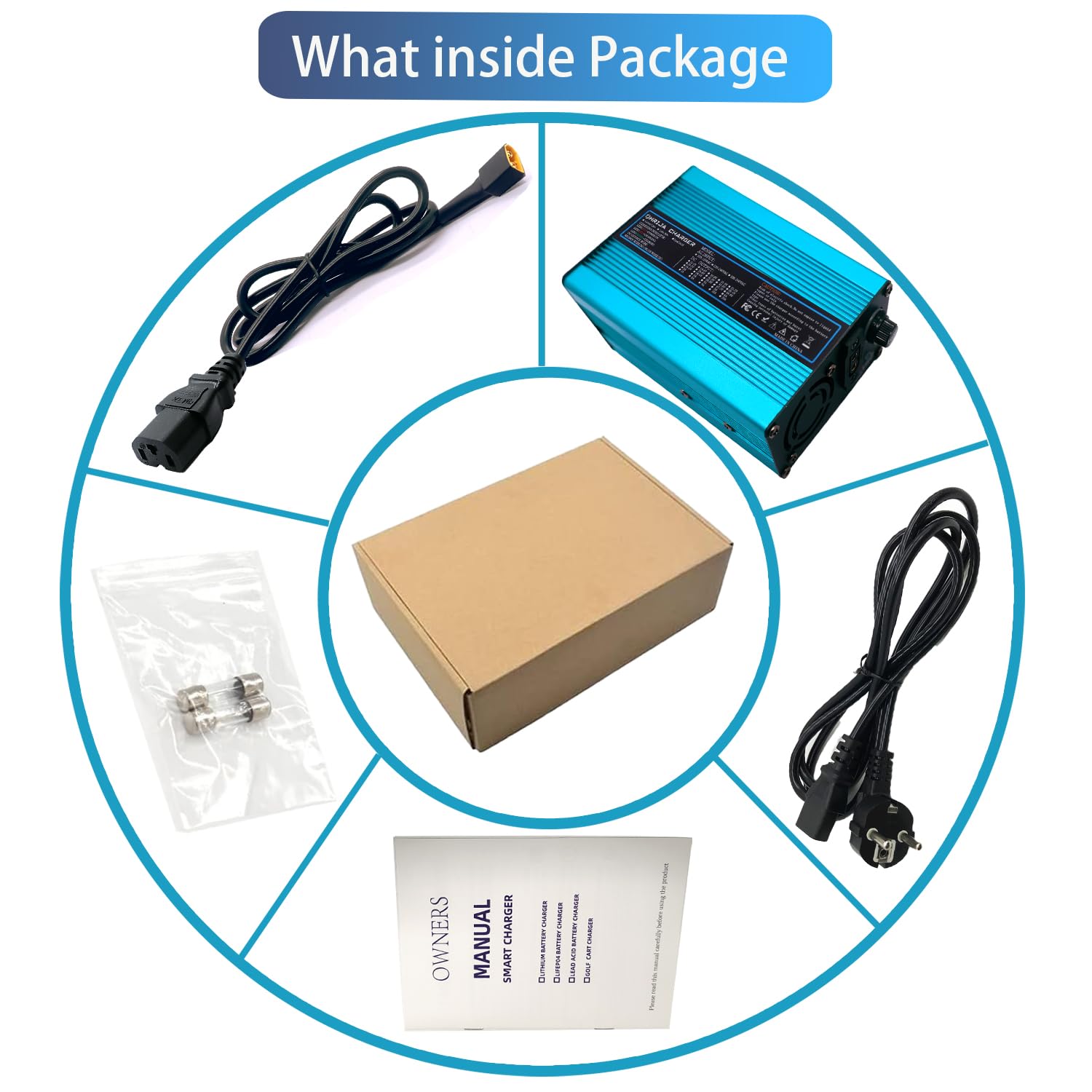 Cargador de batería de 54,6 V y 5 A para batería de Litio de 48 V, Fuente de alimentación de 48 V y 5 A, Exterior Azul con Conector IEC C13 N+ L-