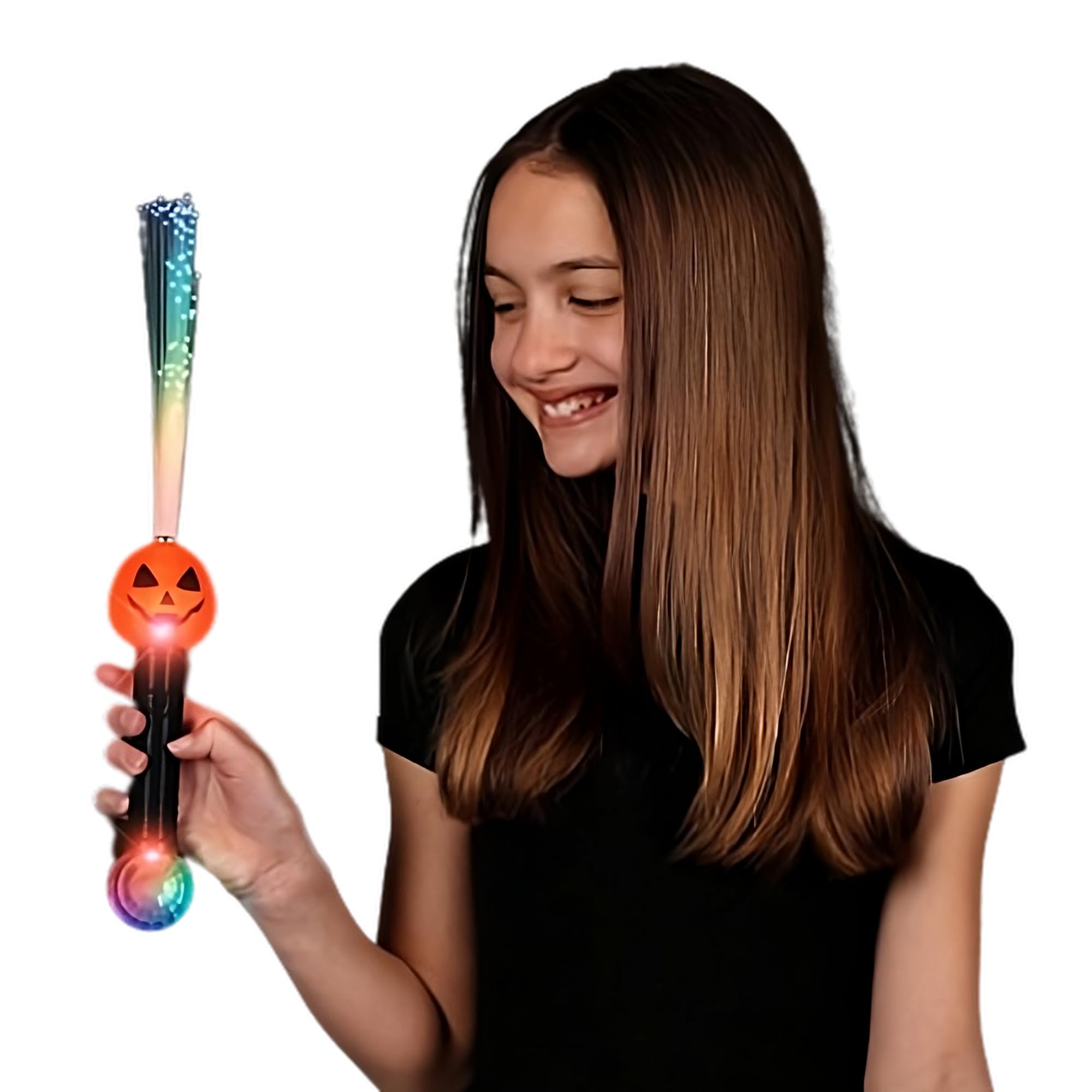 Multicolor LED & Fiber Optic Pumpkin Wand with Prism Ball Interactive Light-Up Toy for a Magical Trick-or-Treating Experience