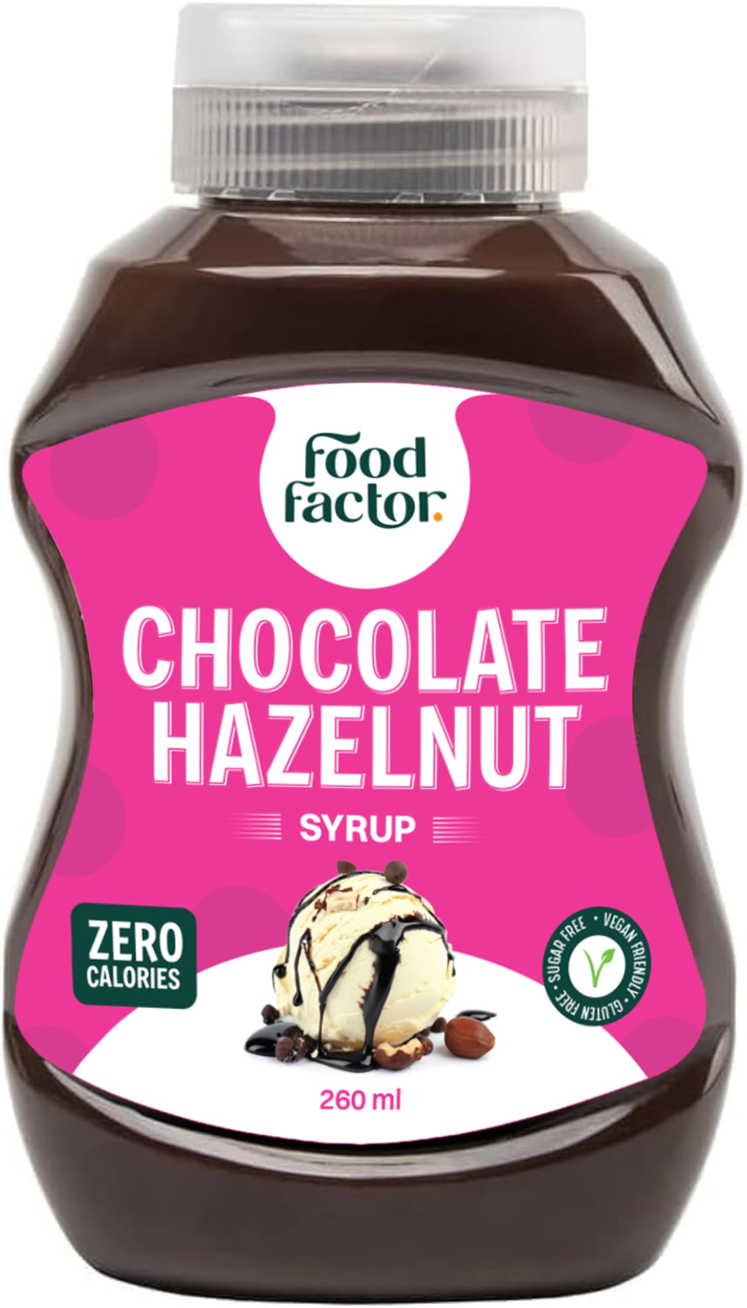 Food Factor Chocolate Hazelnut Syrup | Made in Italy, Zero Sugar, Low Calorie, Gluten Free, for ice cream, iced coffee, latte, Mocha, iced tea, smoothies, pancake, (260ml, Chocolate Hazelnut)