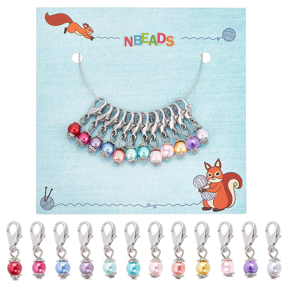 NBEADS - 12 Pieces Glass Bead Stitch Markers, Lockable Enamel Stitching Stitch Markers on Alloy for Crochet Knitting Sewing Embroidery and Sewing Accessories