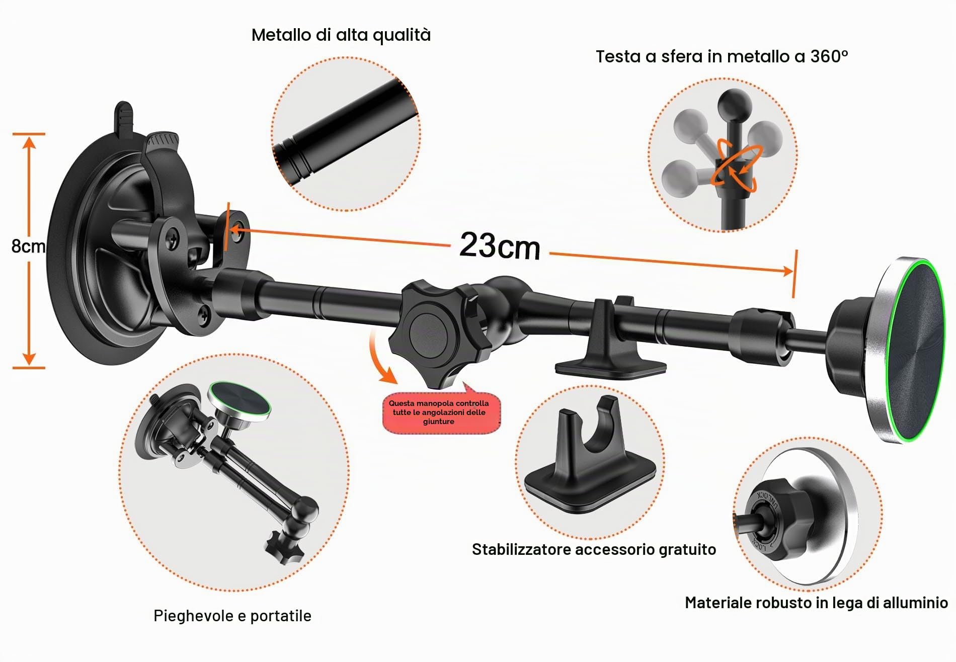 Supporto Magnetico Tablet Auto [Braccio Metallico Regolabile] Cruscotto Parabrezza Supporto Tablet Auto Ventosa Grande per iPad, Galaxy Tab, Kindle, Fire, iPhone, 4-11" Telefonos Tablets