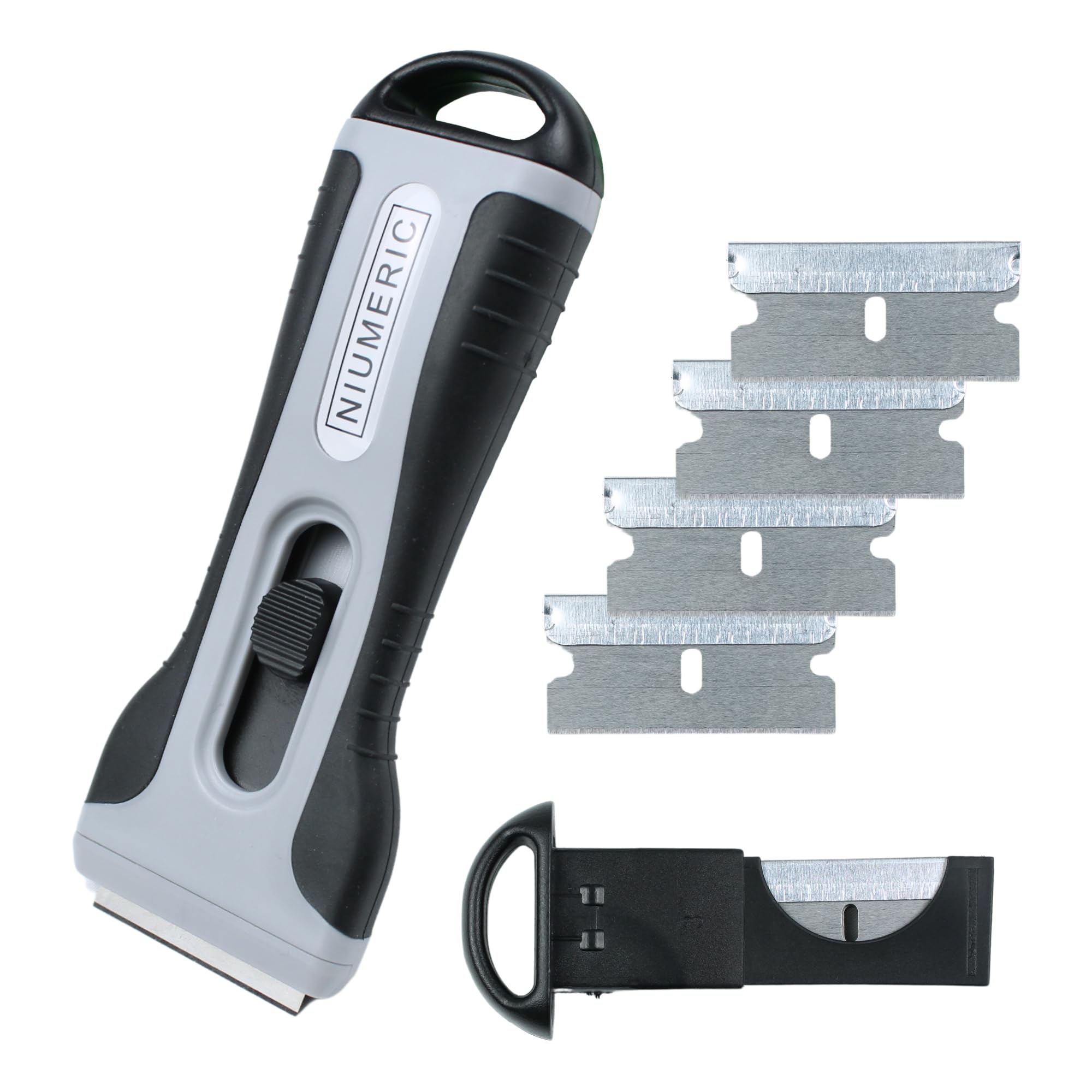 Rasqueta Vitrocerámica Profesional 5 cuchillas de recambio integradas | Rascador Vitrocerámica con Mango Ergonómico TPR Ecológico NIUMERIC® limpia cocina, vidrio, cristal, superficies, etc.