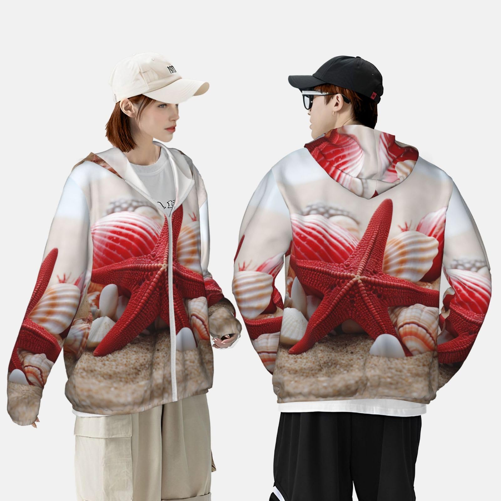 NONHAI Men's Sun Protection Jacket UPF 50+ Full Zipper Long Sleeve UV Hoodie Shirt Red Starfish Seashells Women's Outdoor Jacket