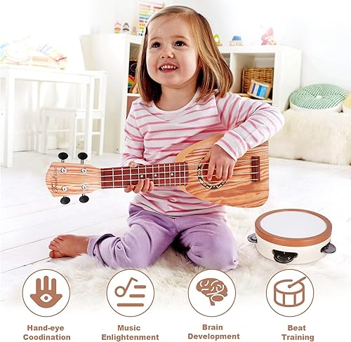 Miniatura 10 de Juego de guitarra para niños, instrumentos musicales 7 en 1 para niños pequeños de 2 a 4 años, juguetes musicales de madera para niños y niñas de 2,