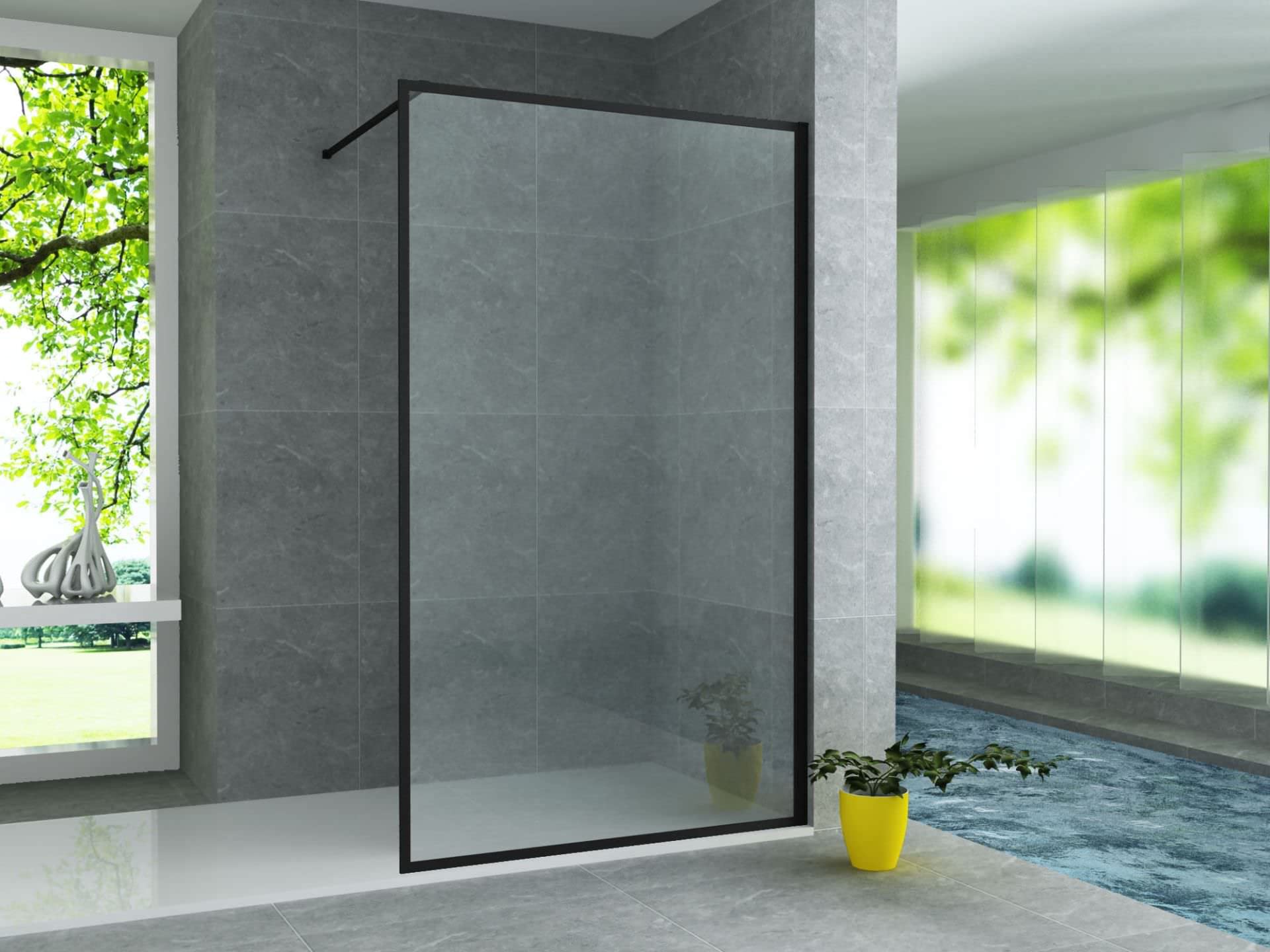 Aloni Walk In Duschwand Duschabtrennung, ESG Sicherheitsglas 8 mm, Nano Beschichtung gegen Kalk, Komplettrahmen, Wandmontage links oder rechts, 900 x 2000 mm, Schwarz Matt