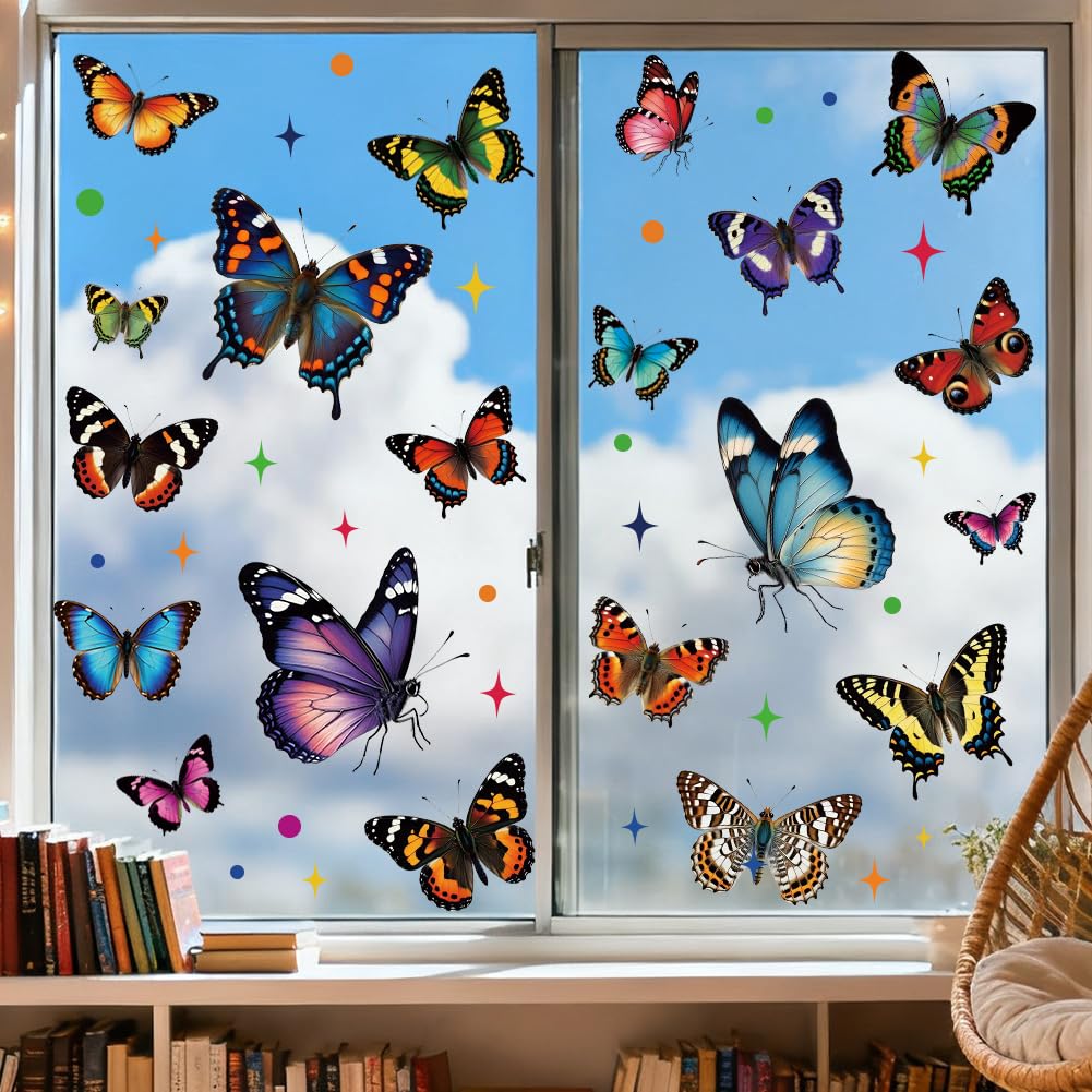 ANATTASOUL Spring Static Window Stickers Large Vibrant Butterflies Reusable Window Clings for Glass Windows,47.24" x 11.8" Removable Double Sided Window Decals for Room Office Home Kitchen Decoration