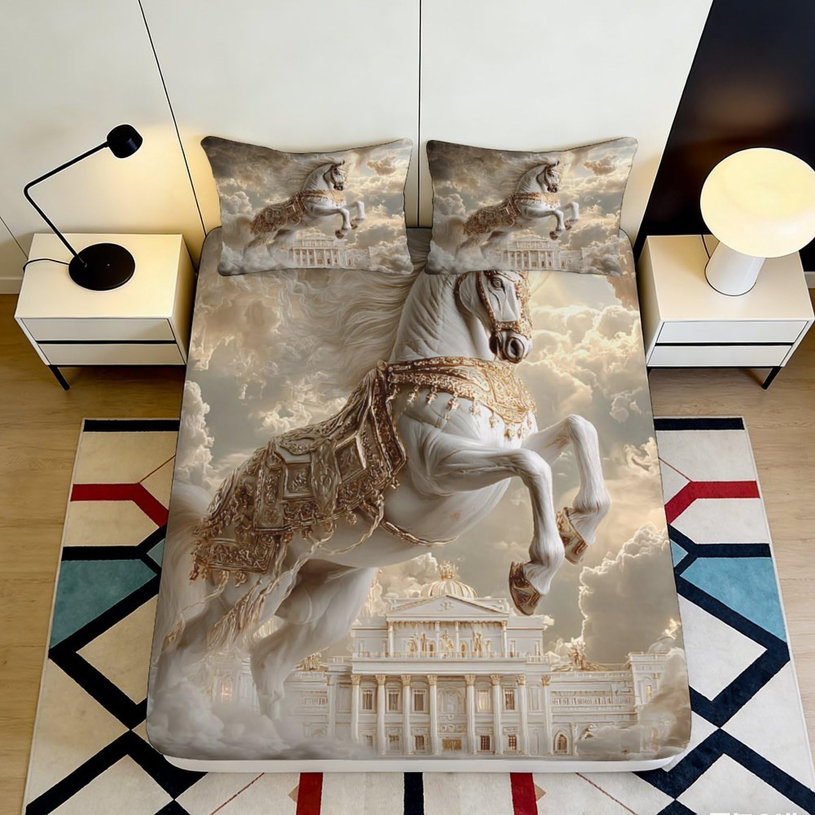 3D Printed Majestic Horse Fitted Sheet Microfiber Soft Breathable Palace Mattress Cover for Bedroom Guest Room Decor 90x200x25cm