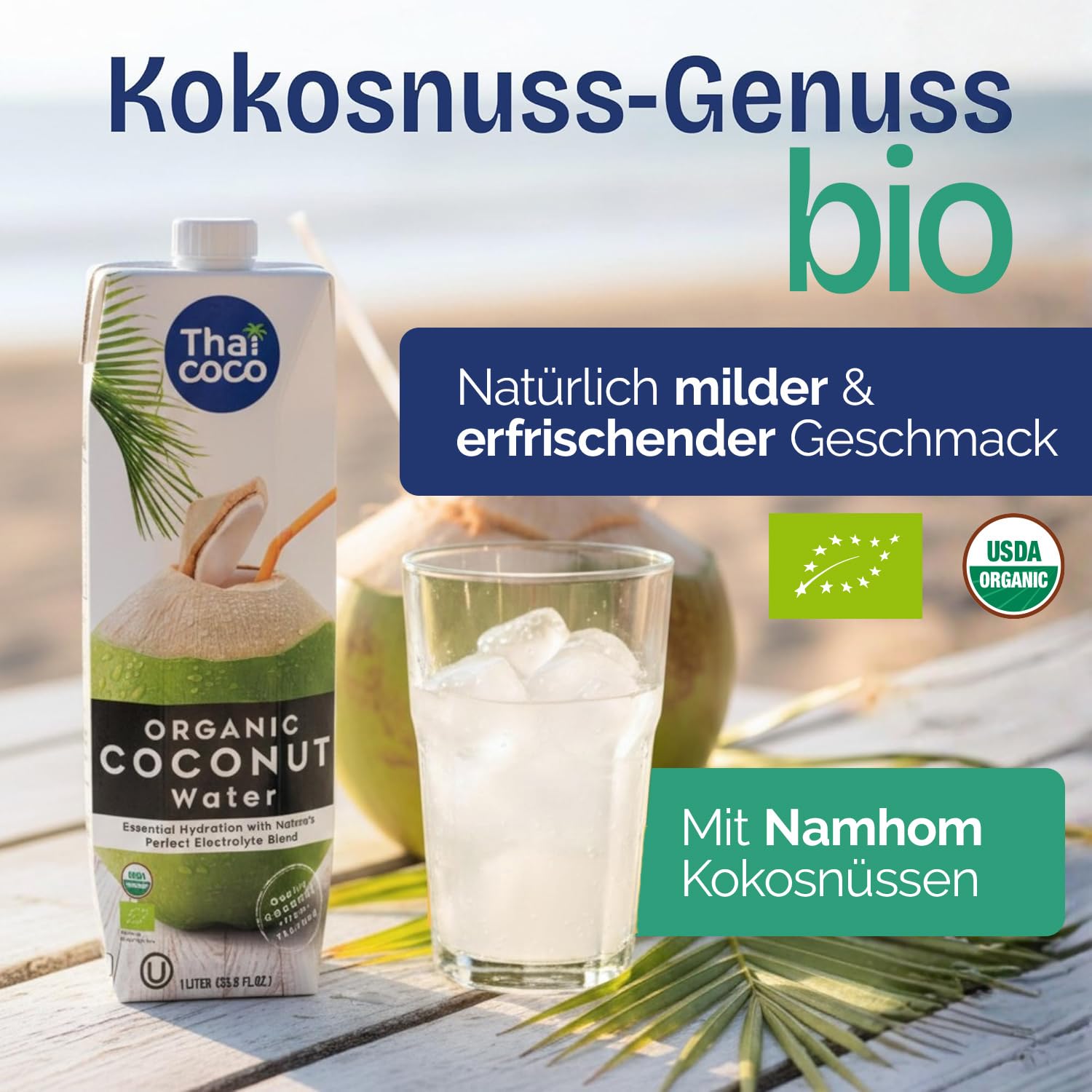 Thai Coco, agua de coco 100% pura, 12 x 1 l, procedente de Tailandia – Agua de coco natural con electrolitos – Sin azúcares añadidos ni conservantes – Bebida hidratante para el deporte y el día a día