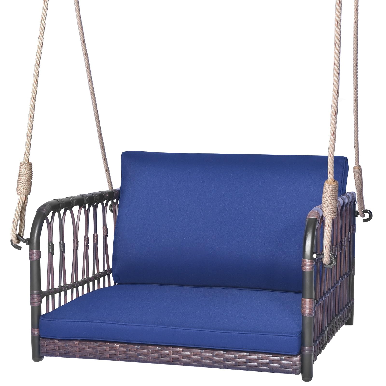 LIFEZEAL 1-osobowa huśtawka ogrodowa z poduszką i podłokietnikami, huśtawka wisząca, metalowa rama i rattan PE, 2 liny do zawieszenia, obciążenie 180 kg (78 x 62 x 38 cm)