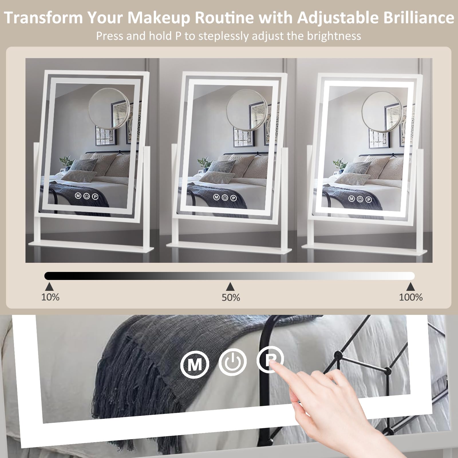 Makeup Mirror with Lighting, Hollywood-Spiegel, 3 Farbtemperaturen, einstellbare Beleuchtung, 360° drehbar, Smart-Touch-Bedienung, Abnehmbarer 10-Fach Vergrößerungsspiegel, 30 x 40 cm