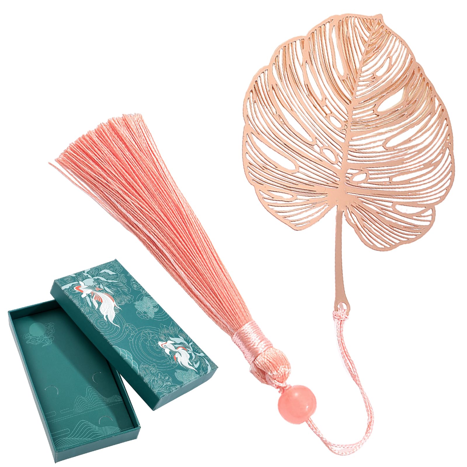 Marcapáginas de Metal Monstera en Caja de Regalo, Elegante con Borla para Mujeres Mamá Abuela (Oro Rosa)