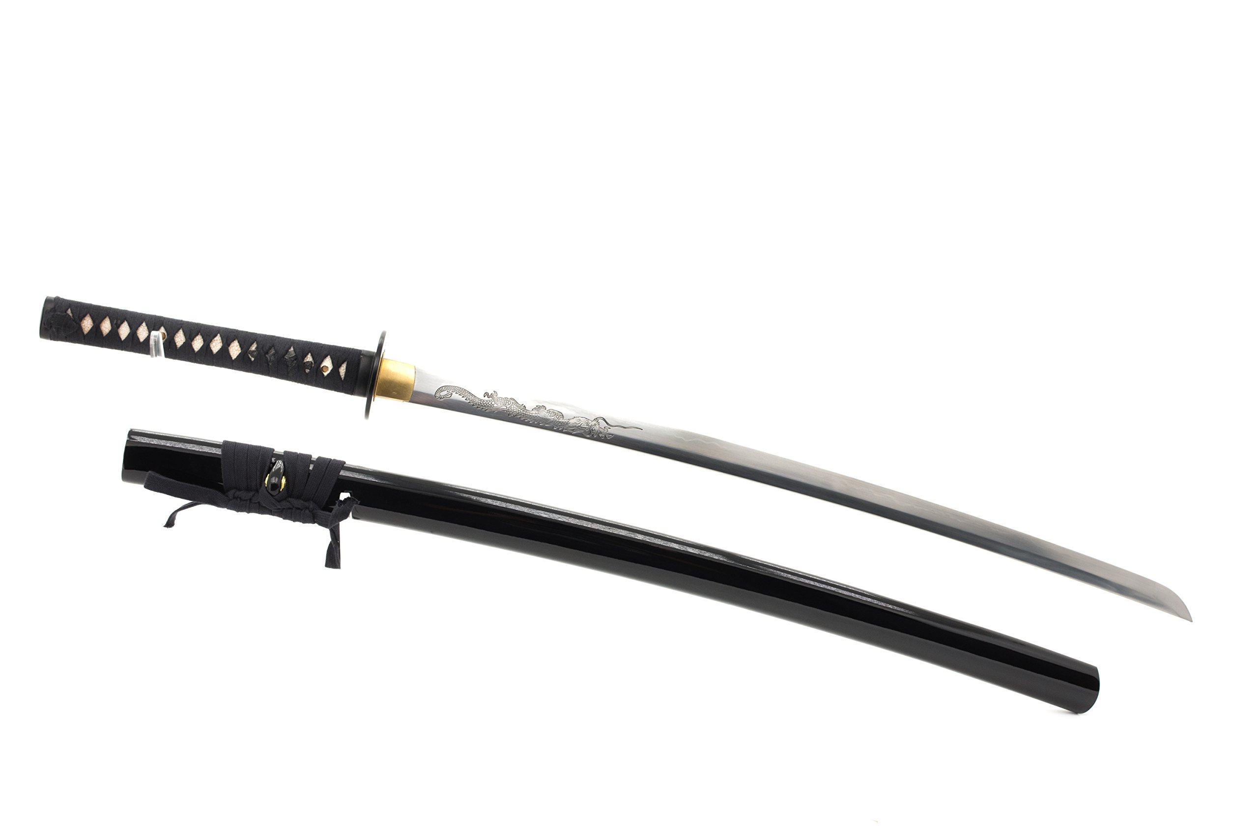 Handmade Sword - Japanese Style Samurai Katana Swords, Practical, Hand Forged, 1045 Carbon Steel, Heat Tempered, Full Tang, Sharp, Dragon Engraving on Blade, Black Wooden Scabbard