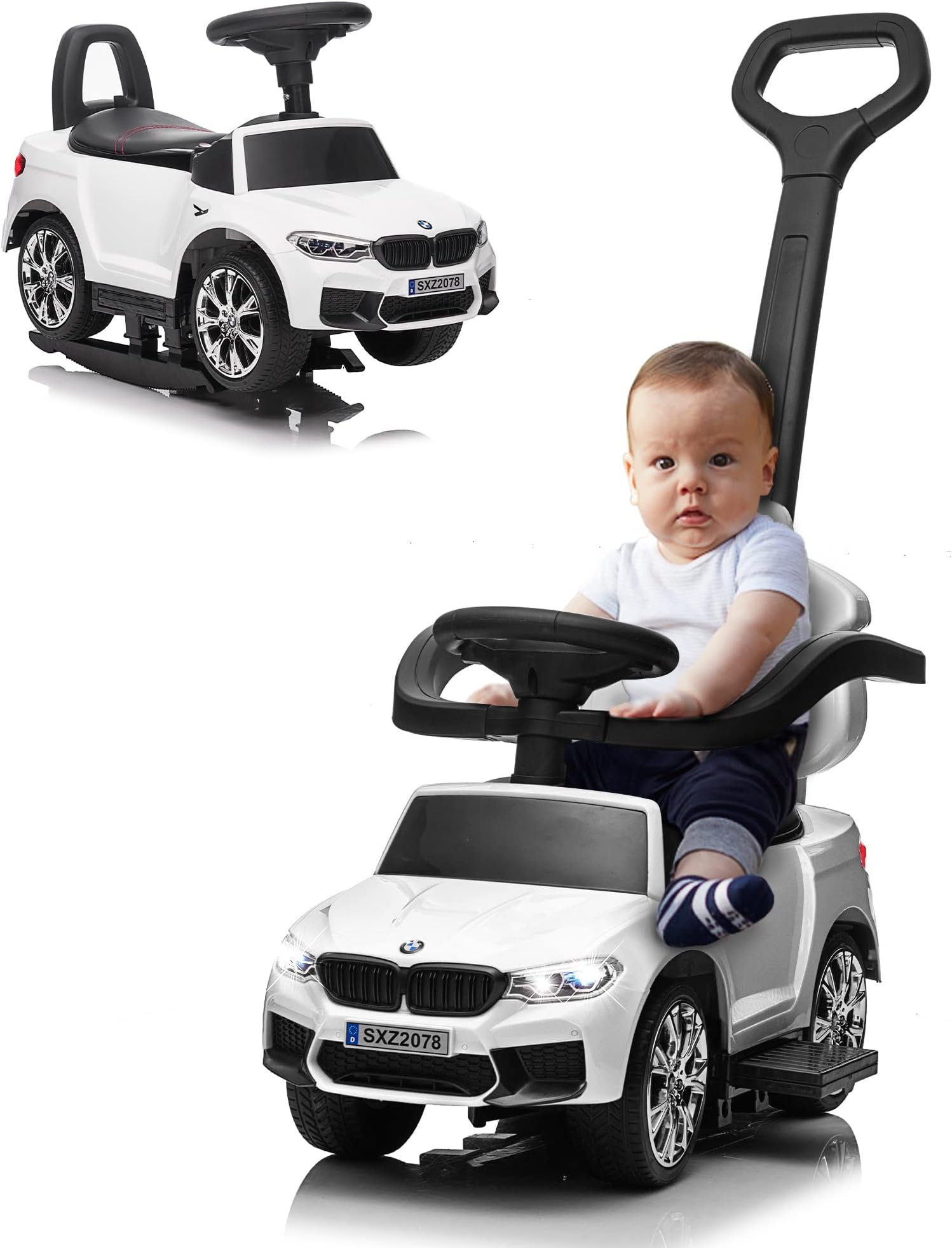 Push Car for Kids, Licensed M5 4-in-1 Push Pedal Ride on Car for Baby, Foot to Floor Sliding Ride-on with Push Bar, Leather Seat, LED Lights, Horn, Foot Rest & Rocking Chair Rails (White)