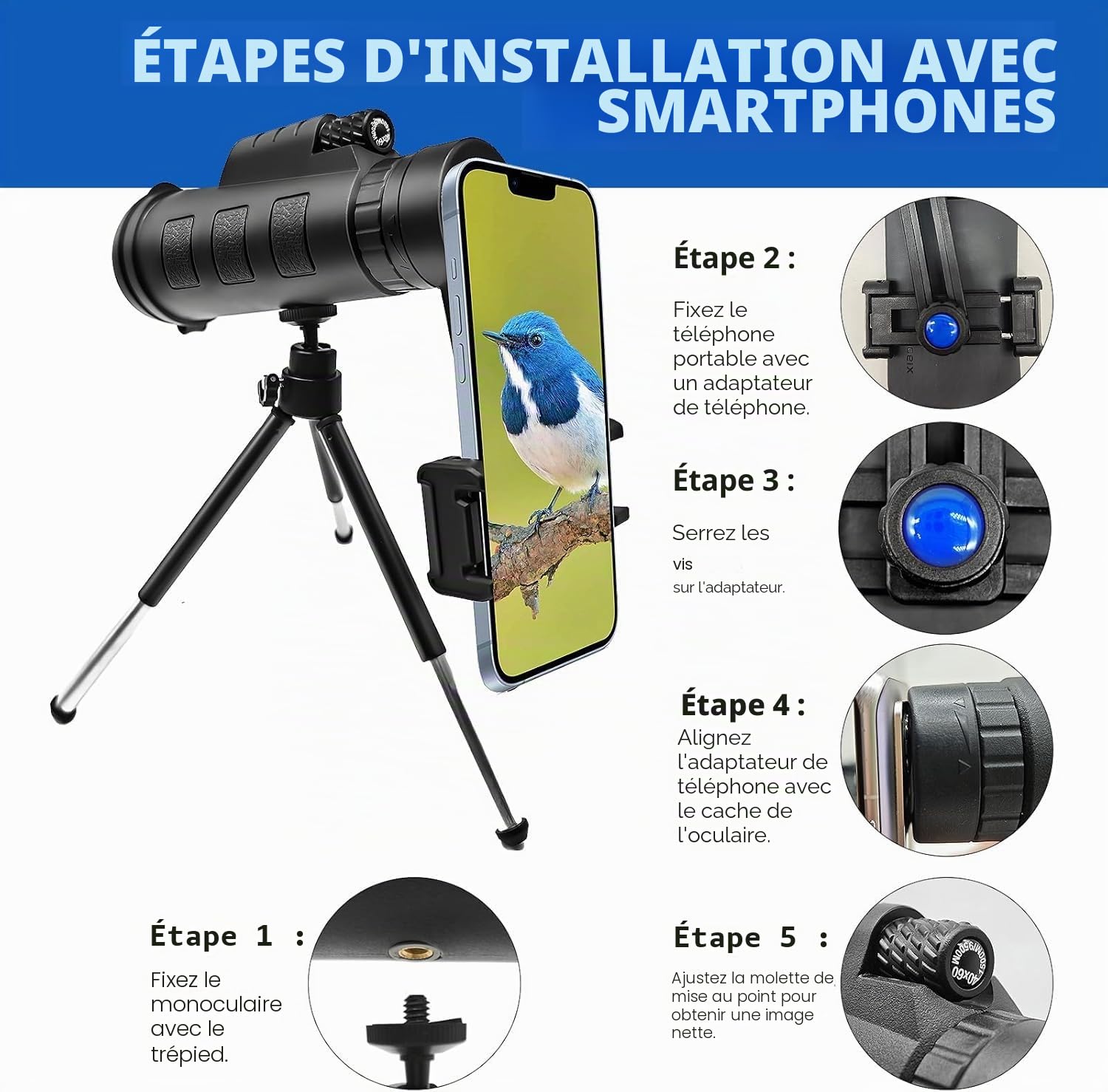 Monocular, Télescope monoculaire 12X50,Telescope Monocular, Monoculaire HD avec Trepied pour Smartphone pour l'Observation des Oiseaux Concerts Chasse