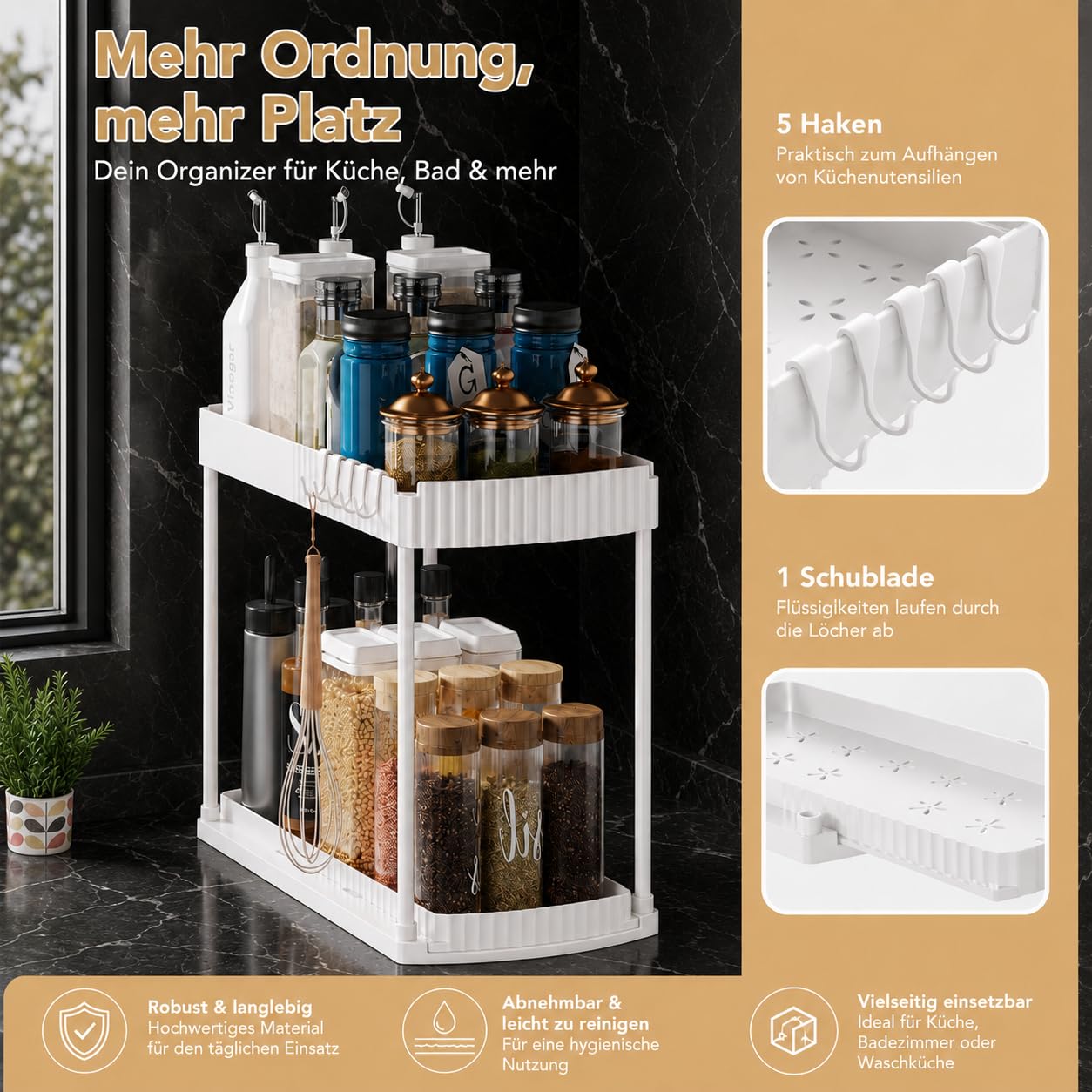 Küchenschrank Organizer Ausziehbar, 2er Set Spülschrank Organizer mit Ausziehbarem Unterkorb, Unter Waschbecken Regal, 2-Stufiger Küchen Organizer mit 5 Haken für Küche & Bad, Weiß