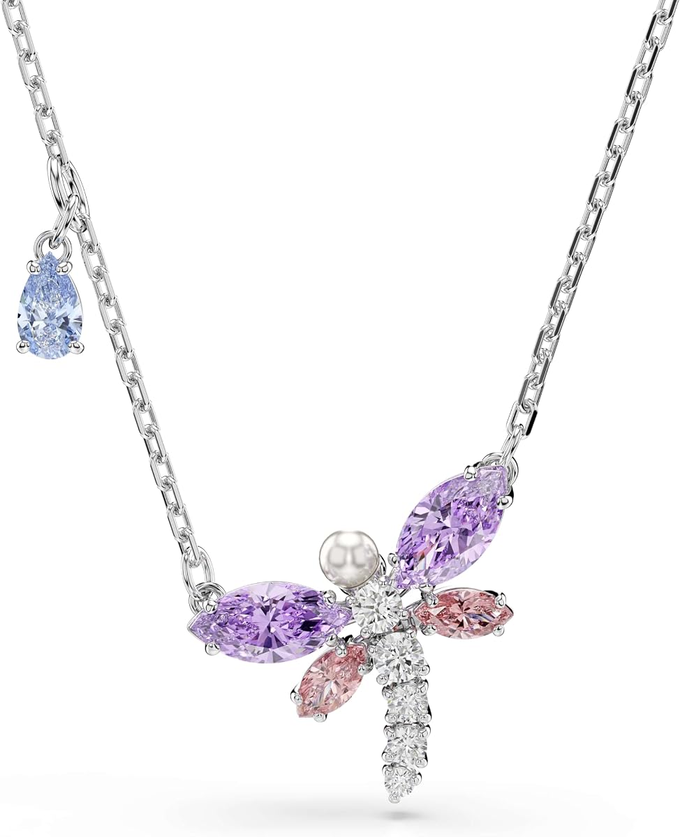 x Ariana Grande Colección oficial de joyas con motivo de libélula, broche, collar con colgante, pendientes, piedras multicolores de talla mixta, acabado en rodio