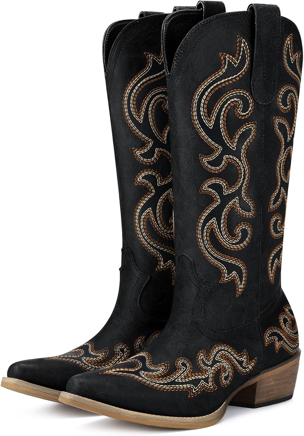 HISEA Rollda Cowboy Boots for Women Western Cowgirl Boots with Chunky Heel Ladies Snip Toe Mid-Calf Boots 11 Black