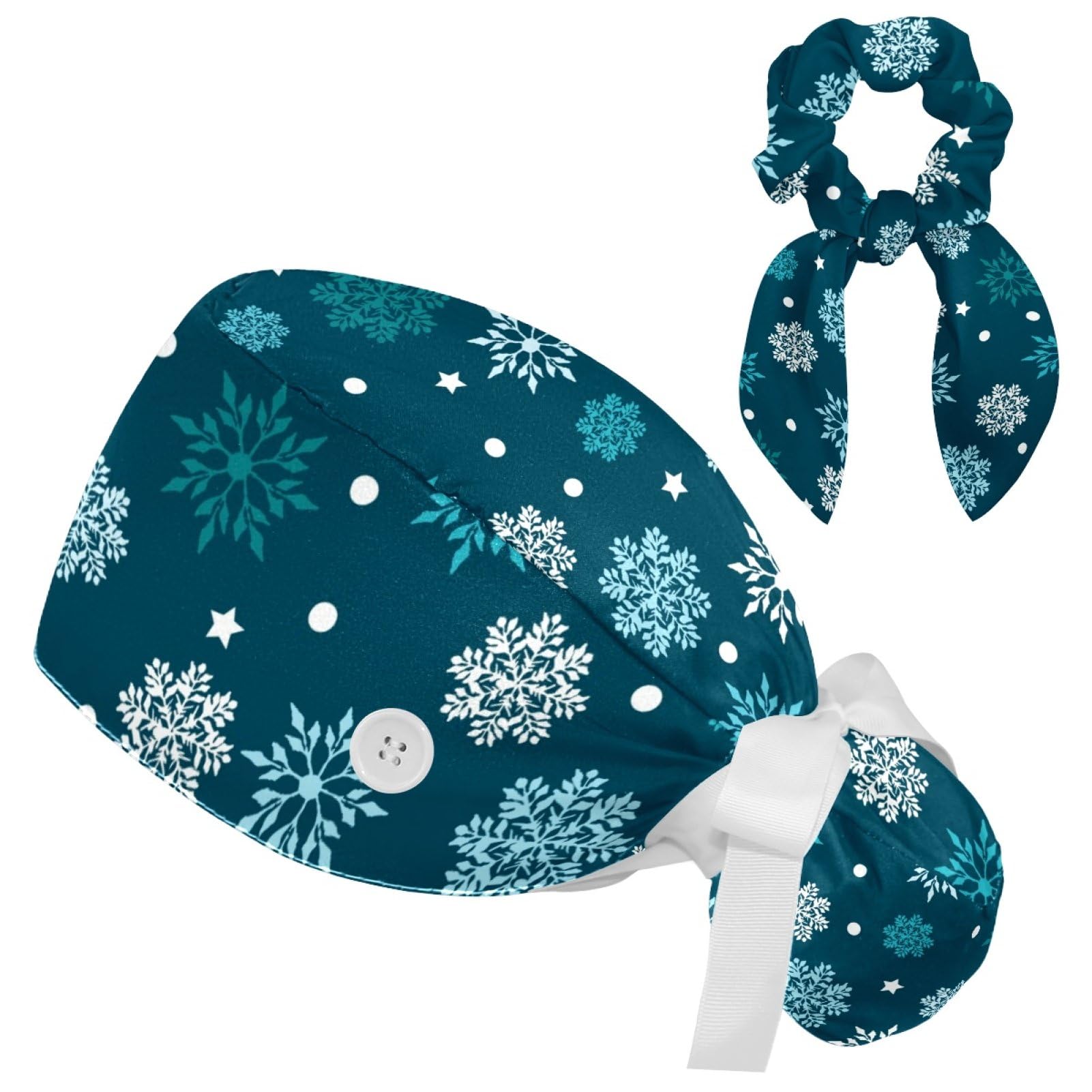 Adjustable Winter Blue Snowflake Surgical Scrub Cap with Button, Ponytail Pouch, Sweatband for Women with Bow Hair Scrunchy