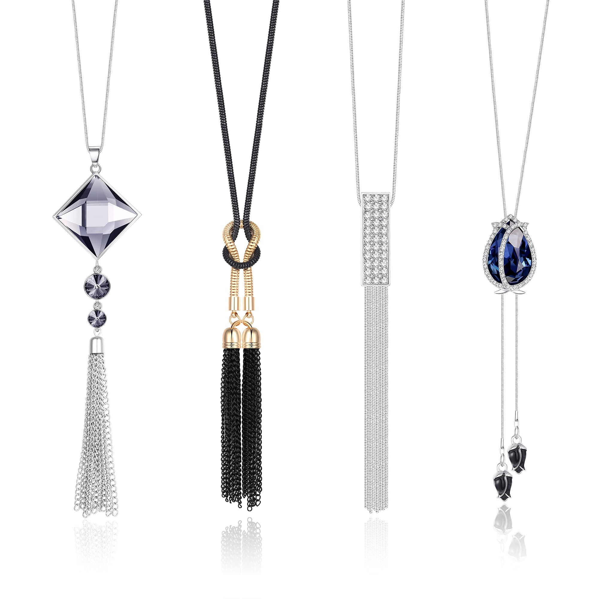 THUNARAZ 4-5 Pieces Long Sweater Necklace for Women Crystal Rhinestone Flower Tassel Pendant Neckace Adjustable Chain Silver Long Necklace for Wedding Party Women Elegant Jewelry Accessories