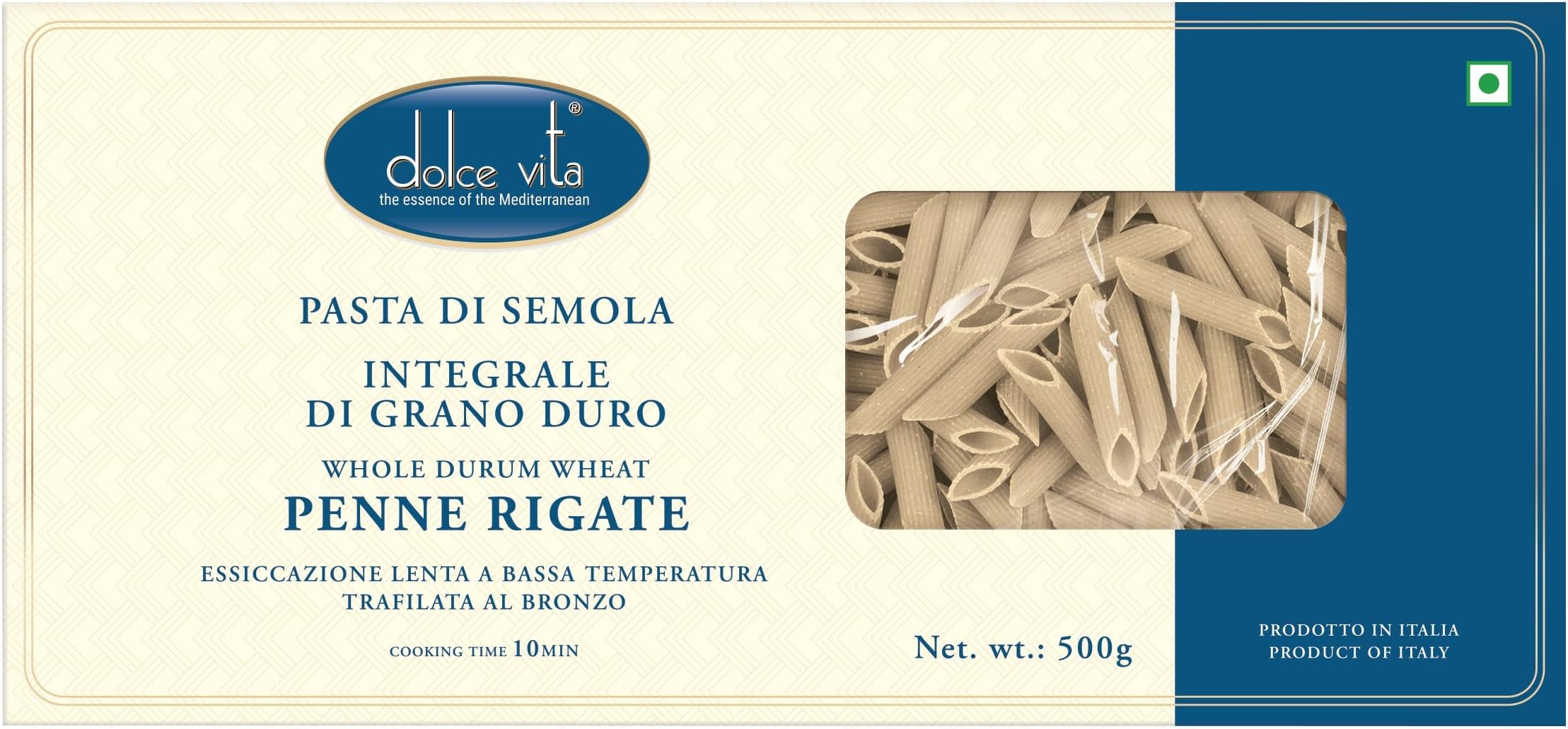 Dolce Vita Penne Rigate Whole Durum Wheat Pasta 500g | Authentic Italian Whole Wheat Pasta | Bronze Die Extruded | Slow Dried for Rich Texture & Flavor | High-Fibre Semolina | Product of Italy