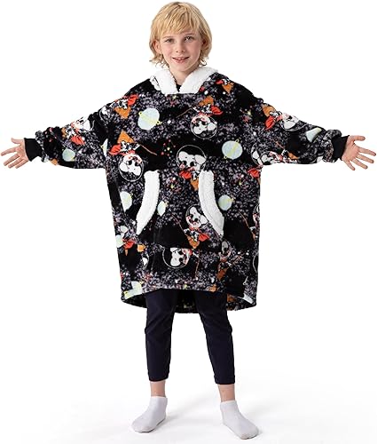 Winthome Manta de gran tamaño con capucha para niños y niñas, sudadera de franela Sherpa con capucha de perro espacial de 7 a 12 años, felpa suave,