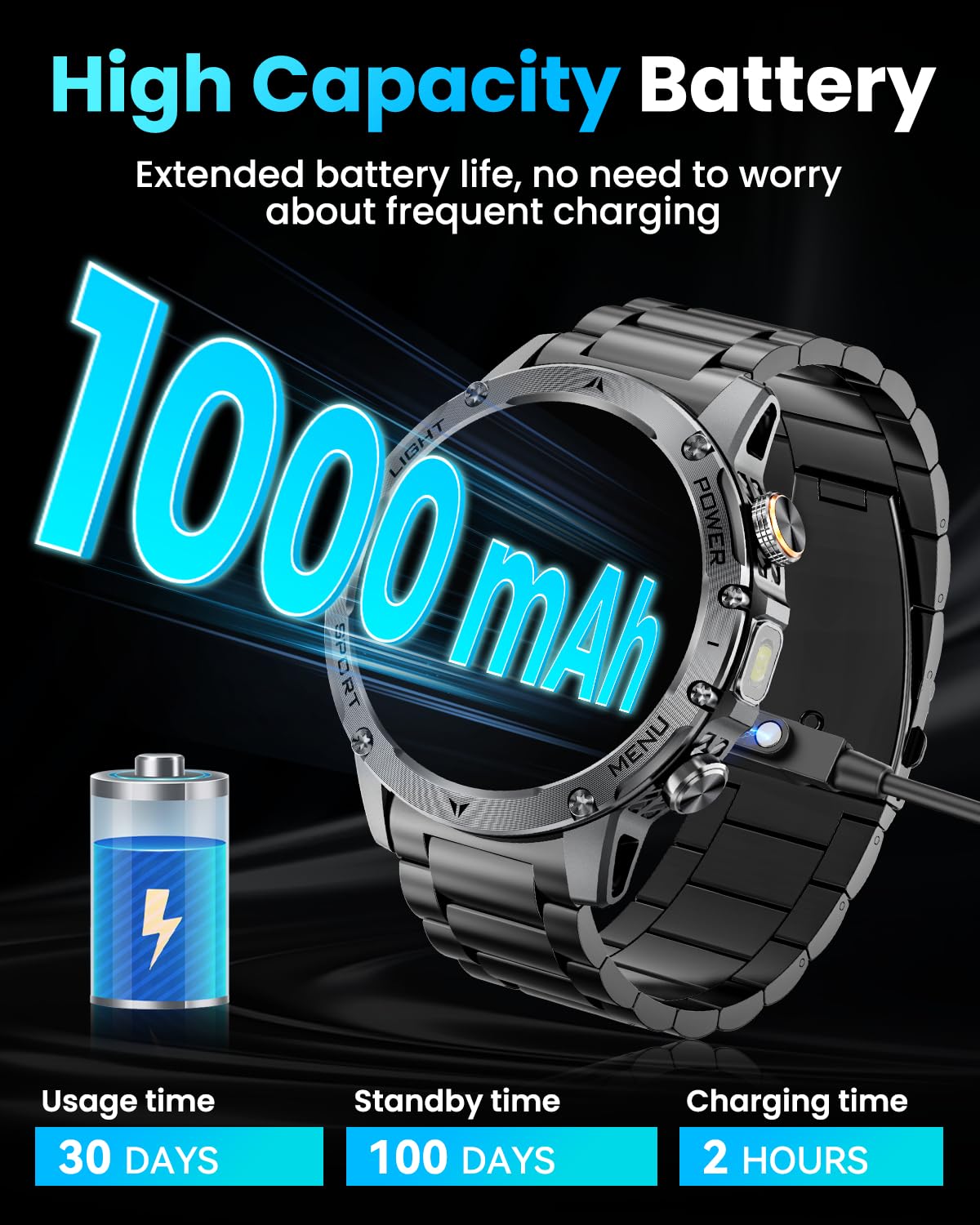 Military Smart Watches for Men, 1.7″ Smartwatch with 1000 mAh Battery/2 Straps/Led Flashlight/Heart Rate/Sleep Monitor 100+ Sport Modes, Answer/Make Calls Fitness Watch for Android/iPhone