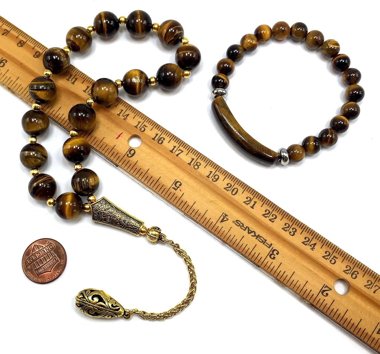 Design -Relaxing Stress Relief Big Beads Prayer Beads, Worry Beads, EFE Tesbih, Maskot Tesbih, Tasbih, Rosary (- Tiger Eye Natural Stone Beads and Bracelet- 12mm-17 Beads-)