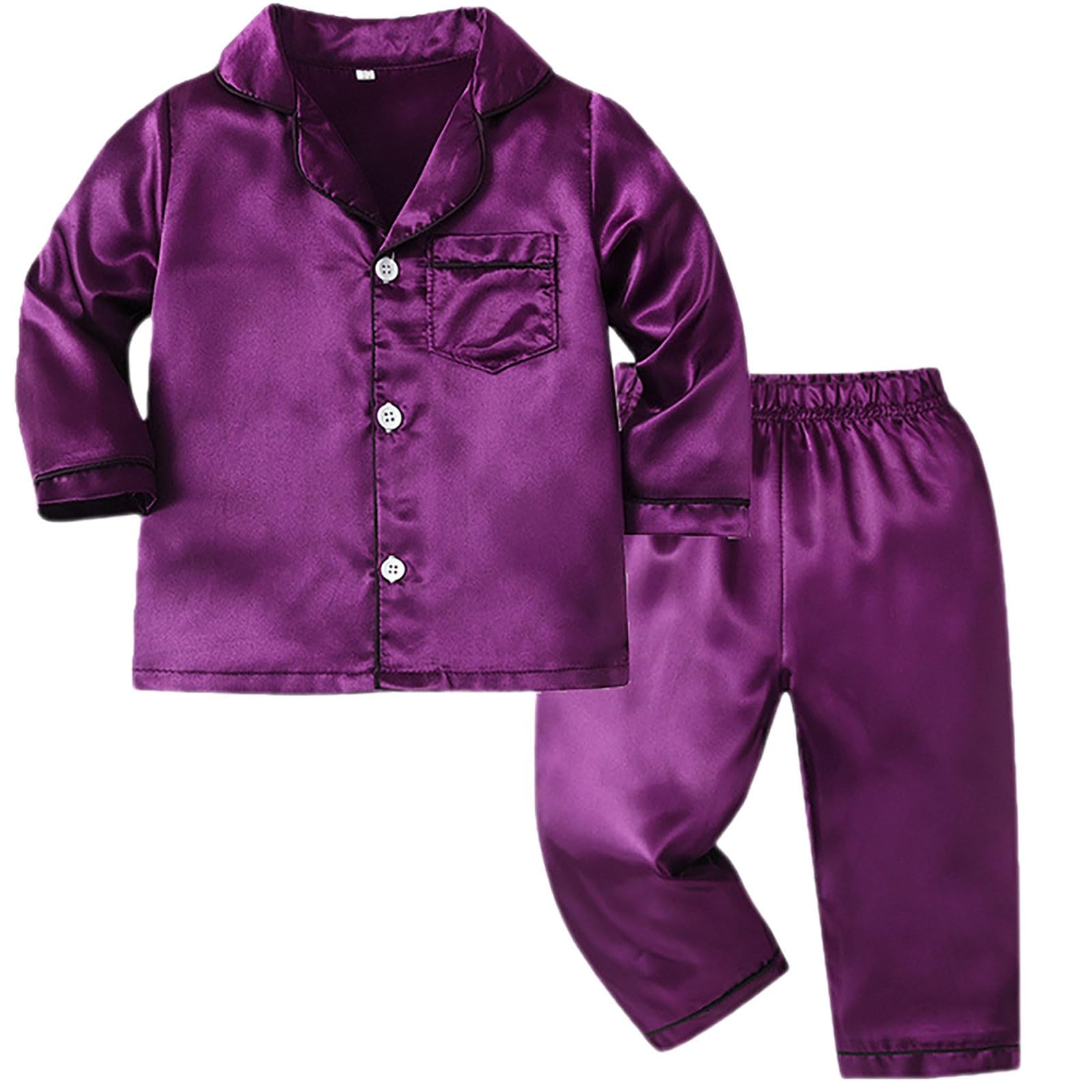 Toddler Kids Christmas Outfit for Family Satin Outfits for Boy Girl Long Sleeve Button Shirt (Purple, 18-24 Months)