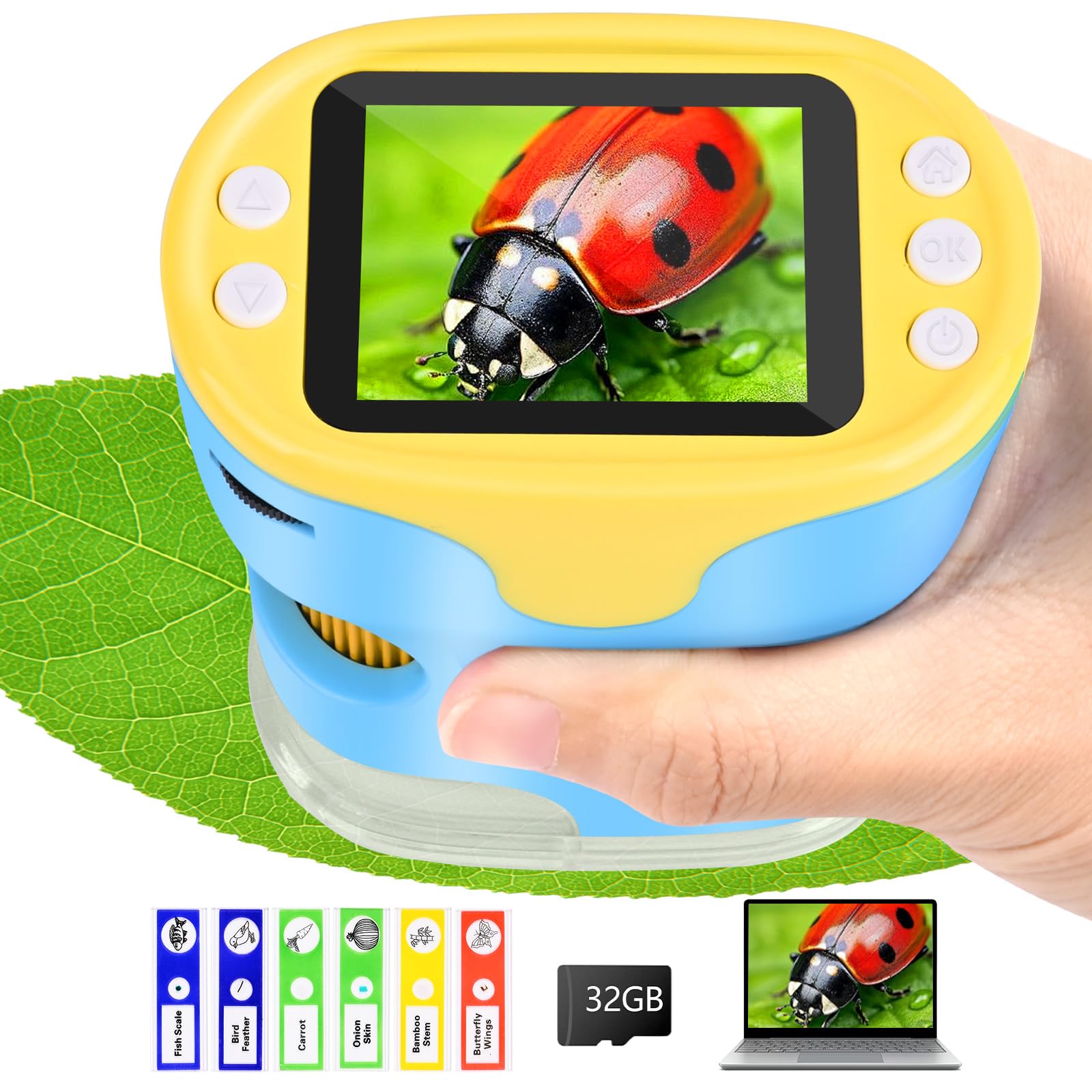 Microscope pour Enfants, Vankarr 1000X Mini Microscope numérique de Poche Portable avec Carte SD 32 Go, écran IPS 2 Pouces, échantillons, Cadeau pour Enfants et étudiants, Bleu