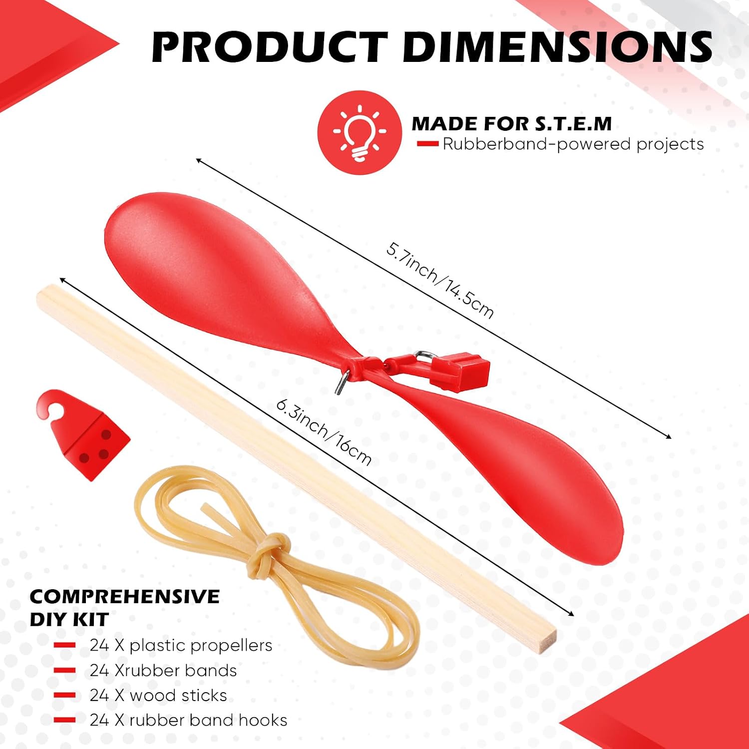 Leyndo 24 Set Helicopter Kit 6" Plastic Propeller for Stem Activities Propeller Blades with Rubber Band Wood Sticks for Airplanes and Helicopters from School and Research Institution (Red) image 3