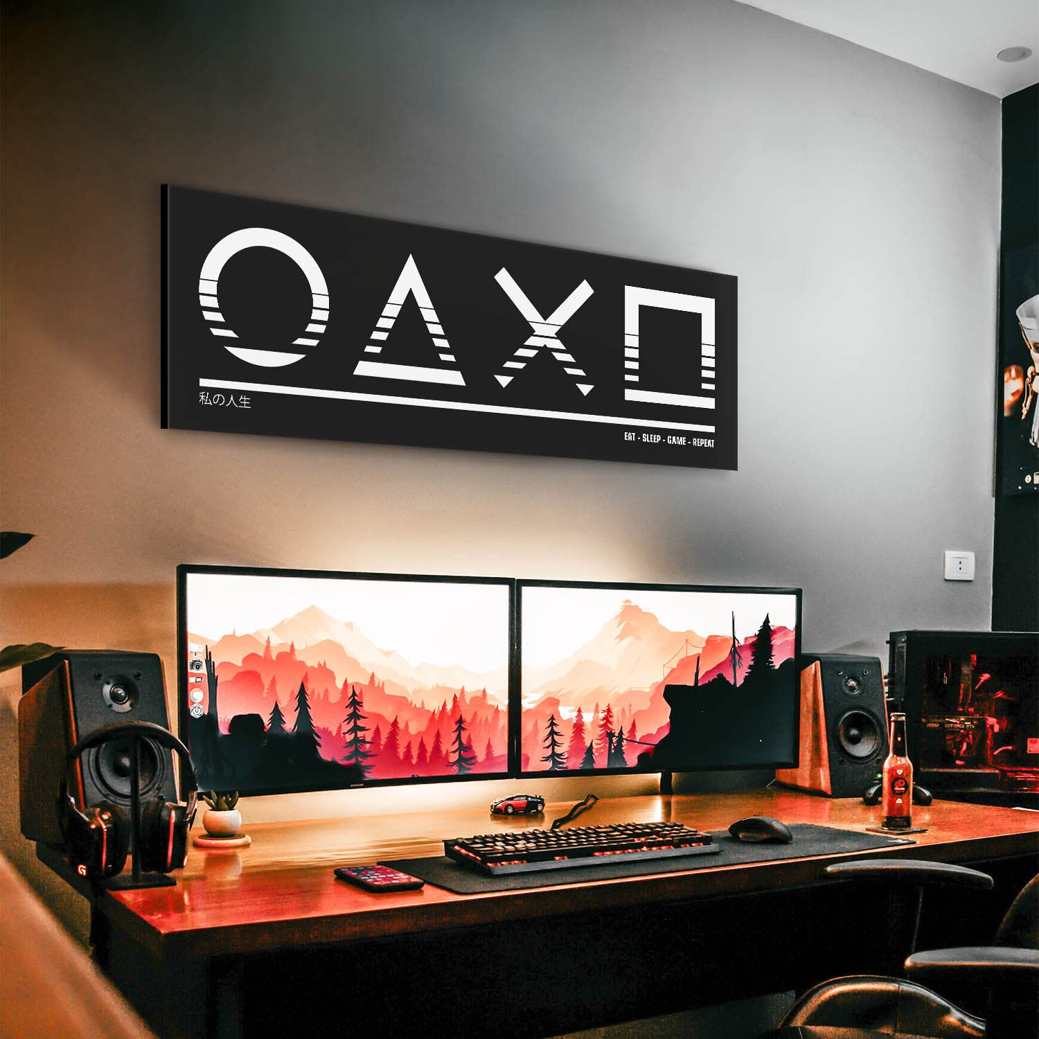 Panorama Wandbild für Gamer & Zocker, Statement Leinwand Wandbild 150x50cm cm groß, abstrakte Gamepad Controller Zeichen als Leinwandbild, zur Deko für Jugendzimmer, Zockerzimmer, Kinderzimmer
