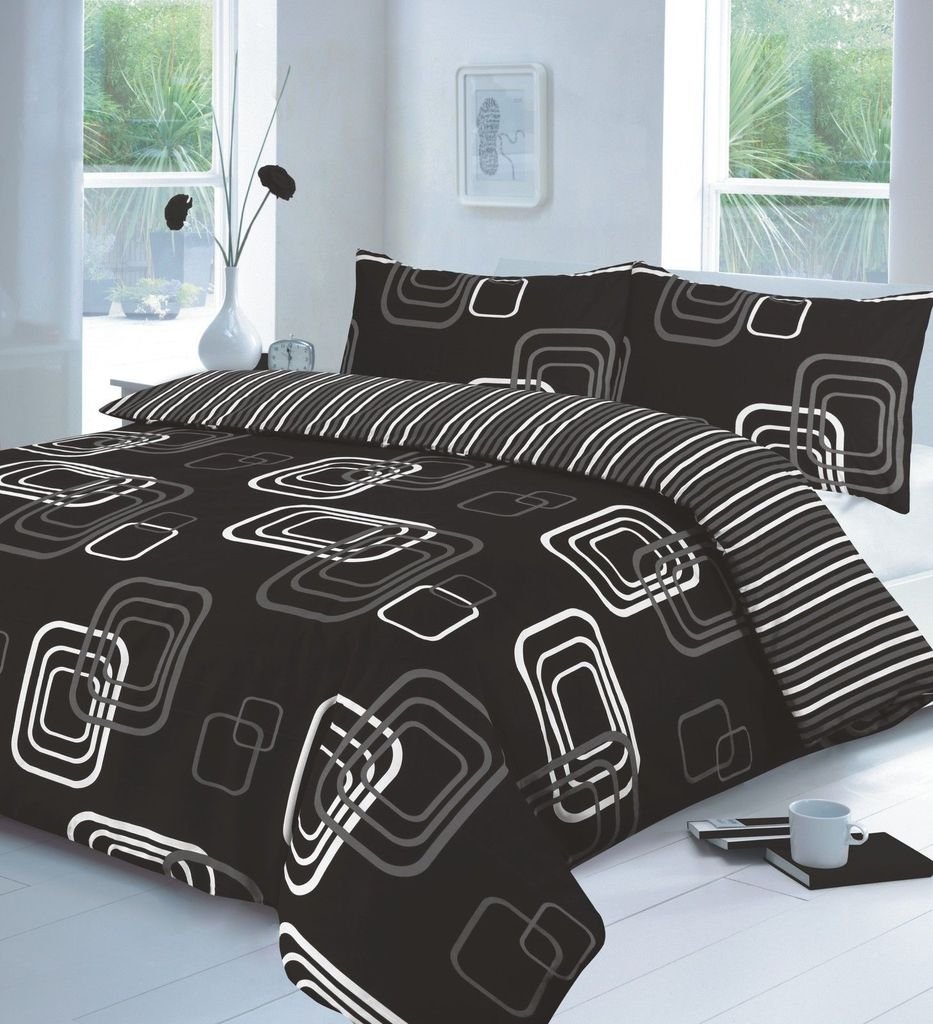 De Lavish Blake Black Duvet Cover Set Double With Pillowcases Quilt Reversible Poly Cotton,