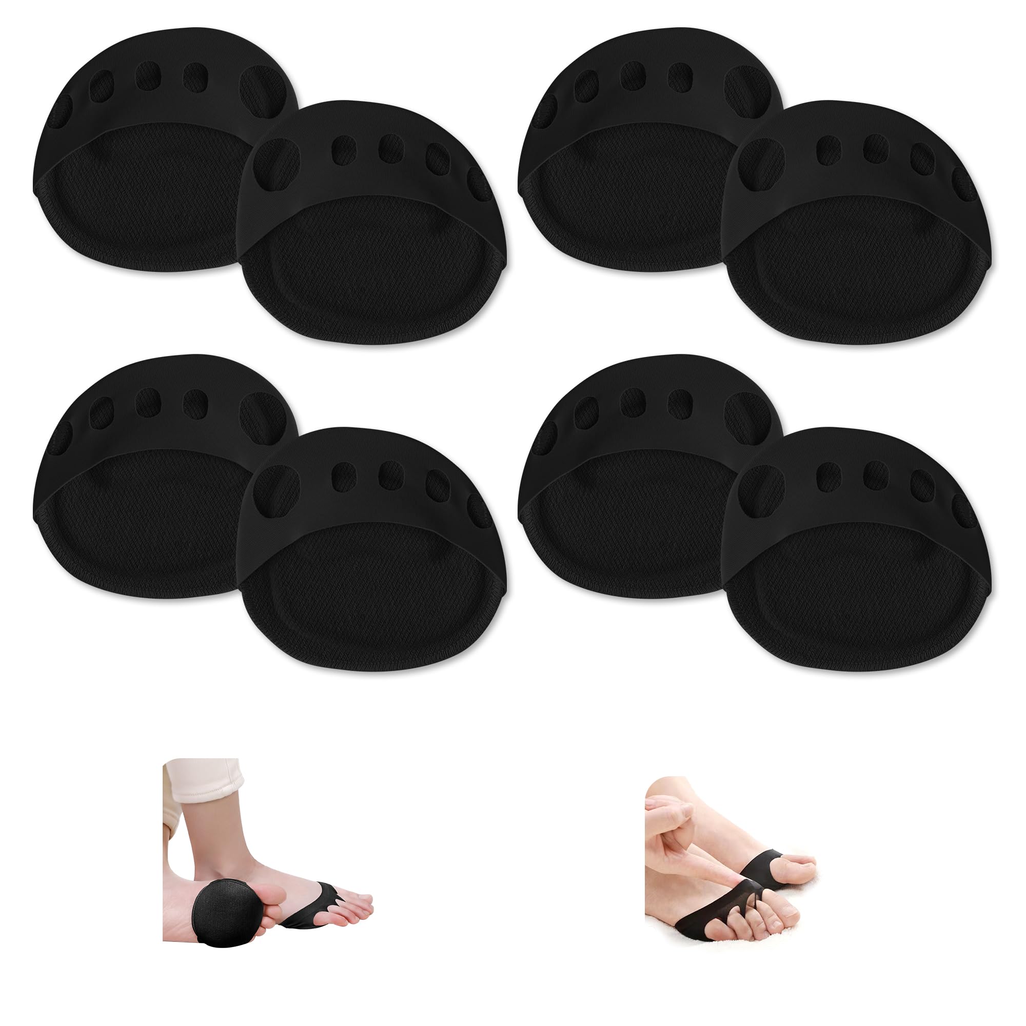 4 Pairs Ball of Foot Cushions Forefoot Pads for Women Heels Metatarsal Pads for Pain Relief Invisible Honeycomb Fabric Pads Toe Pads (4 Pairs Black)