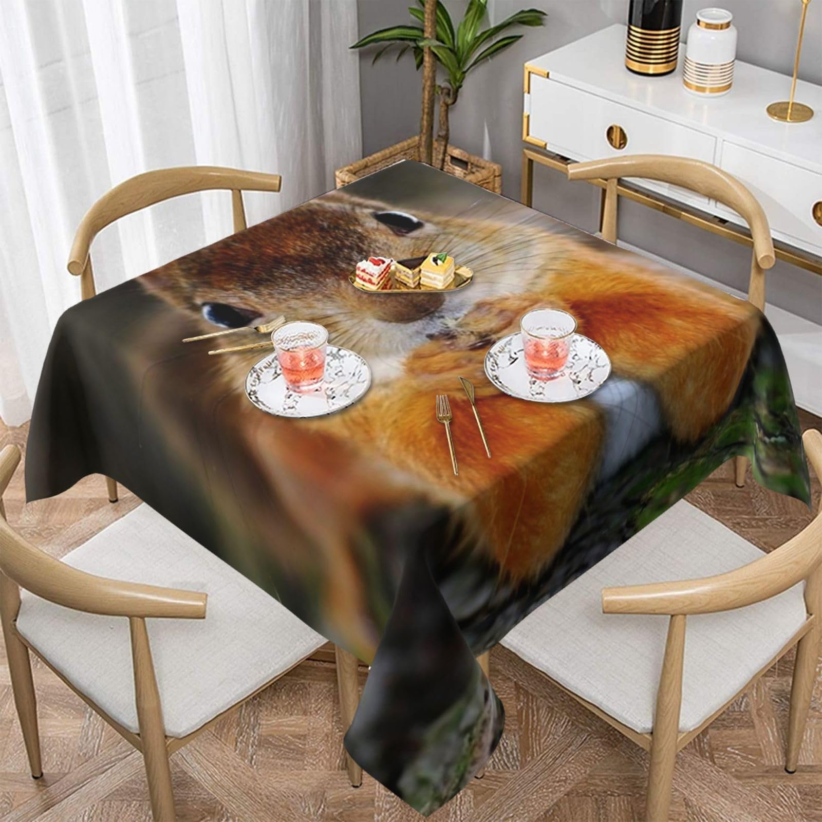 DCEHGEW Funny Squirrel Prints Square Tablecloth 137x137 CM, Waterproof Fabric Table Cloth for Dining Table, Farmhouse Table Cover for Kitchen Dining Tabletop Decoration