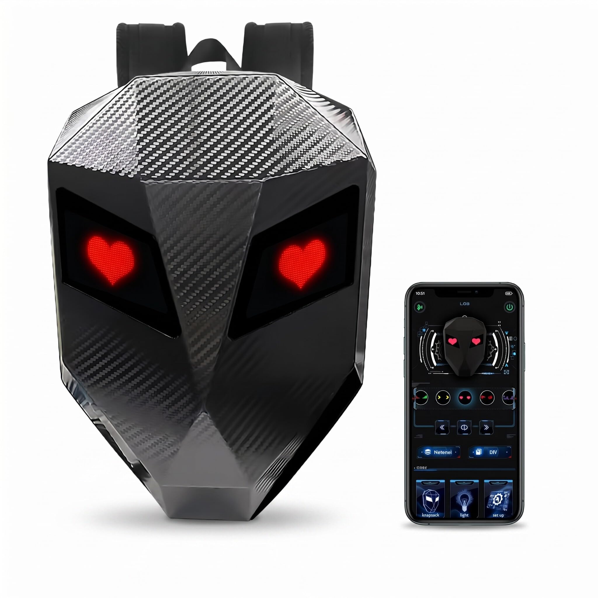 Bewinner Sac à Dos LED Moto texturé en Fibre de Carbone – Sac à Dos de Moto Homme à Coque Rigide 3D avec écran Numérique Programmable, Sac de Casque D'équitation étanche pour L'extérieur
