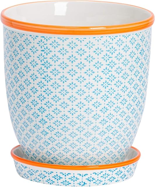 Nicola Spring Porcelain Flower Pot With Drip Tray in Blue/Orange Print - Diameter 203mm