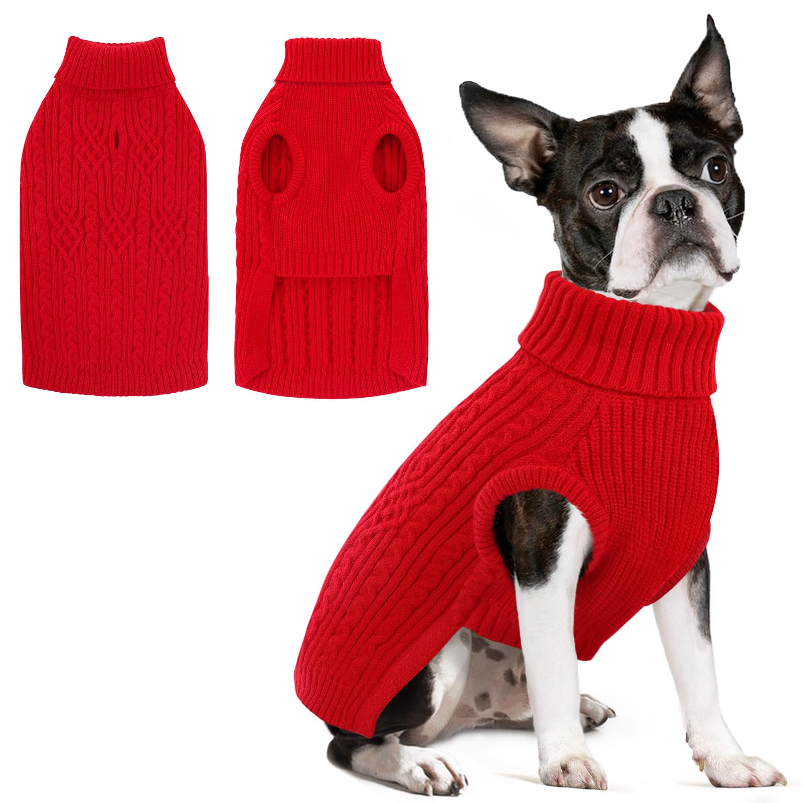 AOFITEE Large Dog Jumper, Soft Large Dog Christmas Jumpers, Warm Turtleneck Dogs Jumper with Harness Hole Pet Knitwear for Fall Winter, Stretchy Red Dog Knitted Jumpers for Cockapoo, Red L