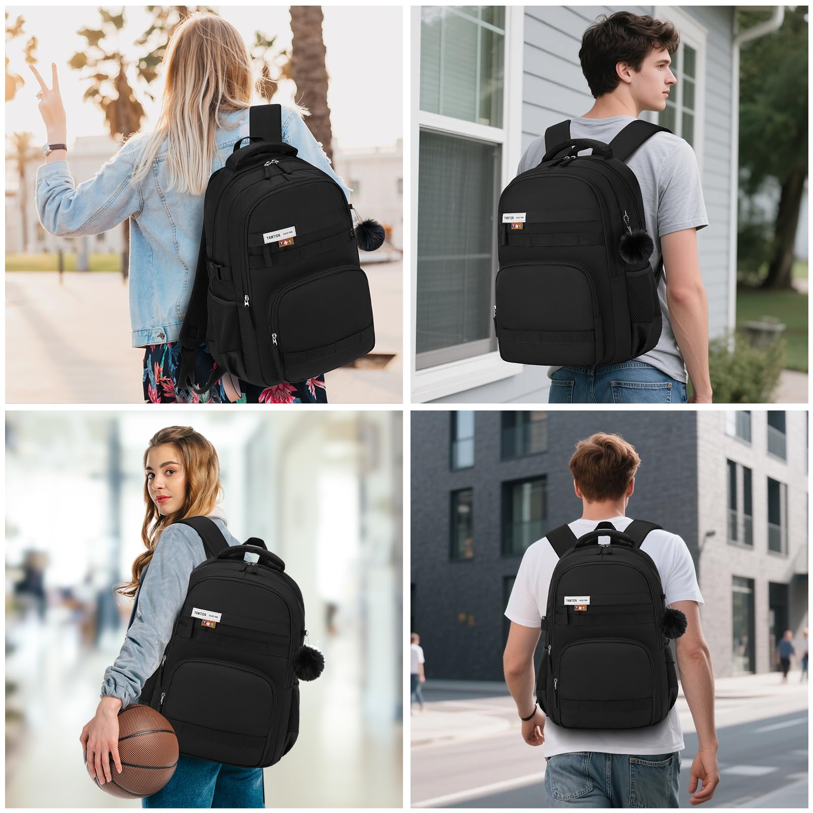 YAMTION Sac à dos noir pour homme et femme, sac à dos de voyage pour ordinateur portable de 15,6", sac d'école avec grande capacité, sac à dos décontracté pour adolescents, garçons et filles, collège