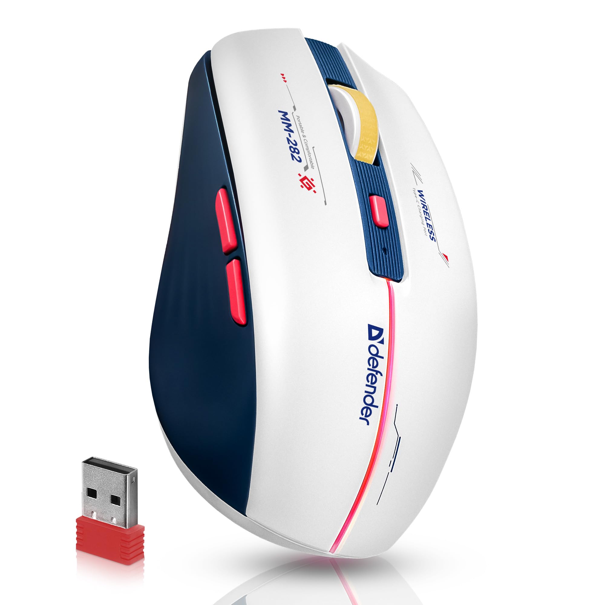 Defender Dila MM-282 Kabellose Gaming Maus, RGB Beleuchtung, 1800 DPI, 500 mAh Akku, 5 programmierbare Tasten, USB-C, 2.4 GHz Wireless Maus