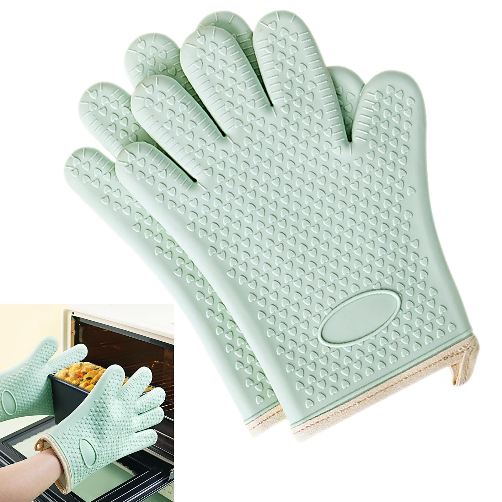Green Silicone Oven Gloves,2 Pcs Silicone Oven Mitts Oven Glove Heat Resistant Soft Lining Oven Mits Cooking Mitt with Non-Slip Waterproof for Cooking Baking Kitchen Mittens