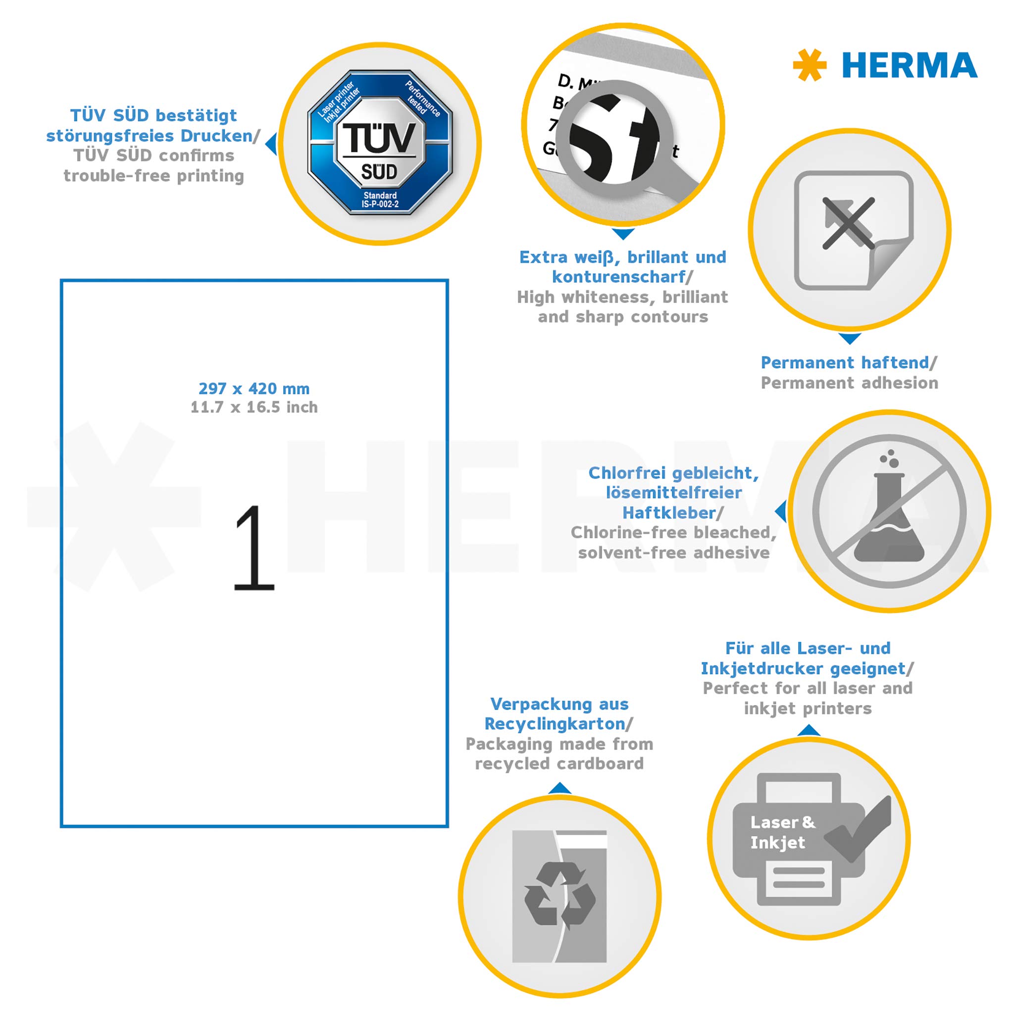 HERMA 8692 Universal Etiketten, 100 Blatt, 297 x 420 mm, 1 pro A3 Bogen, 100 Stück, selbstklebend, bedruckbar, matt, blanko Papier Klebeetiketten Aufkleber, weiß