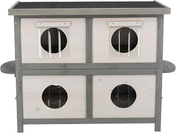 Trixie Outdoor Cat House, Weatherproof Cat House, Shelter for Multiple Feral Cats, 4 Seperate Compartments with Entry & Exit Concept, Escape Doors and Covered Openings, Greige/Gray Pine Wood