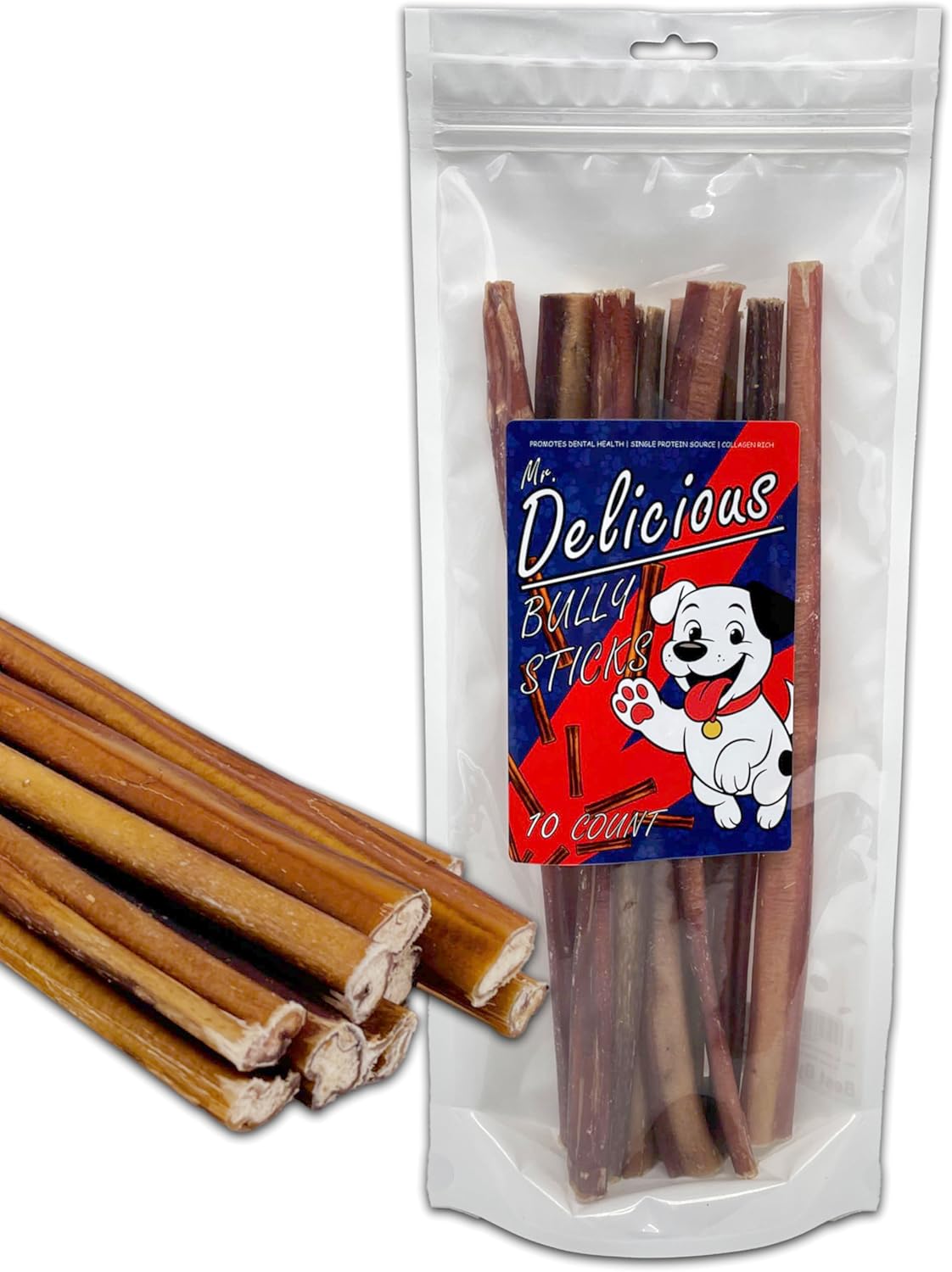 Mr. Delicious Bully Sticks for Dogs, 10 Count, 12 Inch Thin, Consistent Thickness, All Natural, Grass Fed, Rawhide-Free, Single Ingredient, Long Lasting Dog Chews