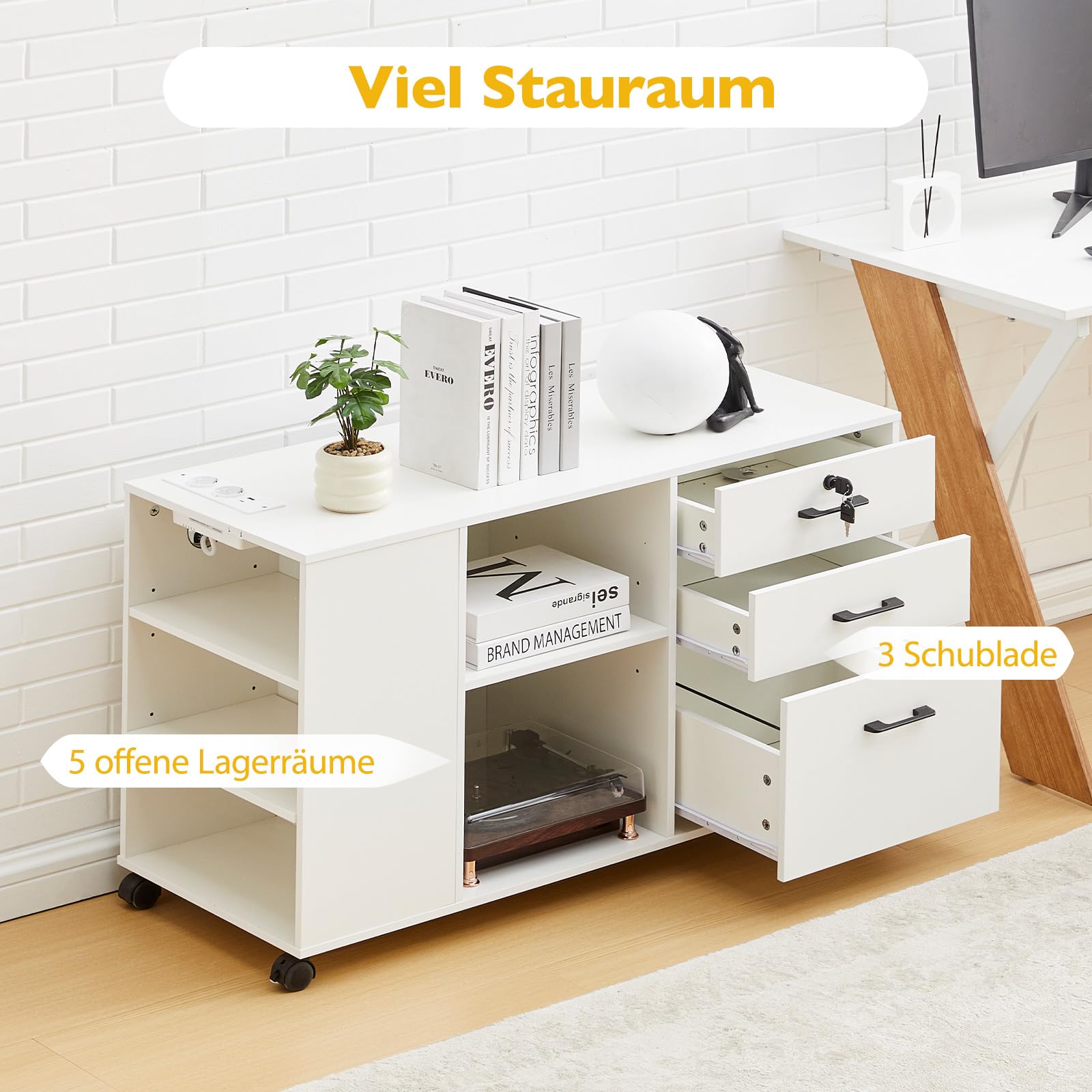 CLIPOP Rollcontainer,abschließbar,mobiler Aktenschrank mit 5 Rollen,3 Schubladen,Schubladenschrank Büroschrank Bürocontainer mit Steckdose,für Büro Zuhause,Weiß