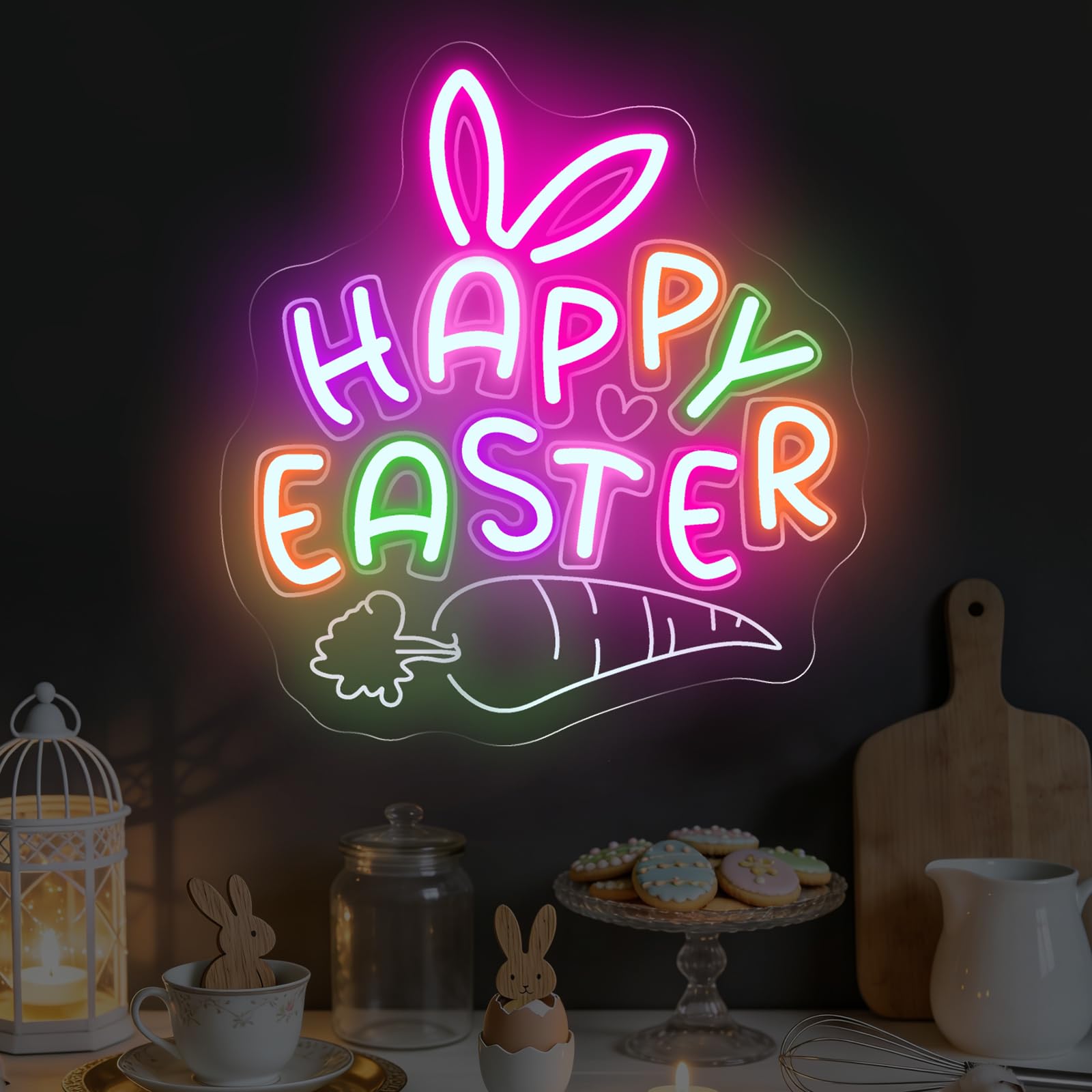 Happy Easter Neon Sign, 12.8″ x 11.8″ Colorful Bunny Ears with Carrot LED Wall Light for Easter Party, Bedroom, Living Room, Kids Room, Holiday Decor — image 1
