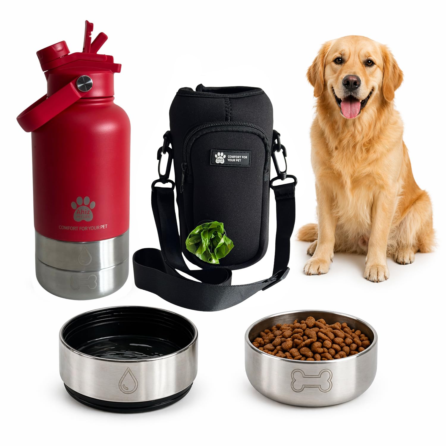 AHIZ 3-in-1 Dog Water Bottle with Carrier Bag, 32oz Portable Pet Water Dispenser with Dual-Purpose Lid & 2 Detachable Bowls, Leak-Resistant Travel Bottle for Dogs, Walking & Hiking (Red)